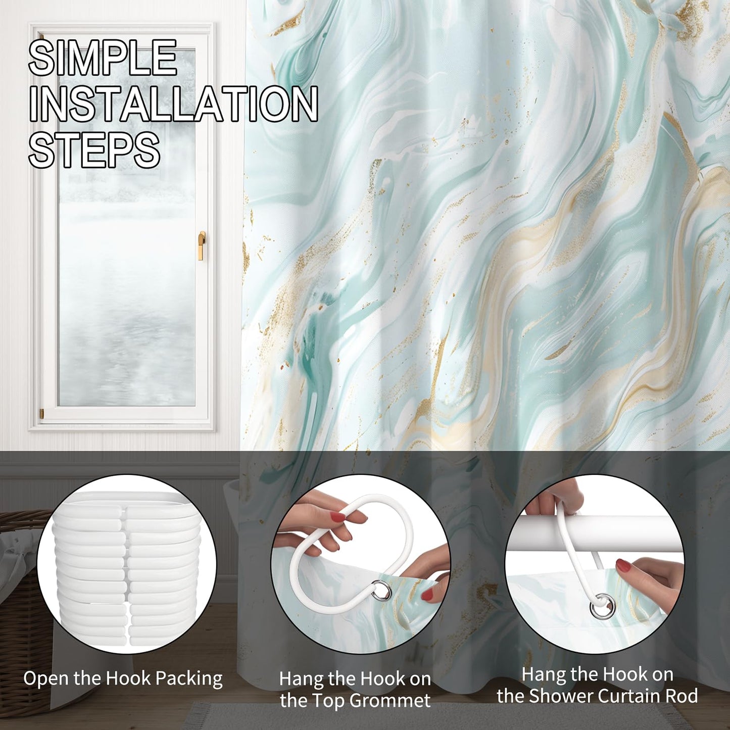 Sillsloso Modern Marble Shower Curtain Abstract Green Gold Marble Bathroom Curtain Luxury Jade Texture Bath Decor Waterproof Polyester Fabric Curtains Set with Hooks 72x72 inch