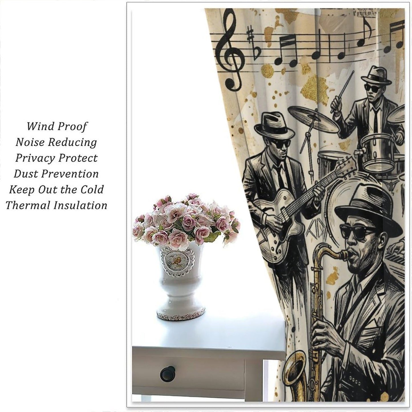 PHTAYOT American Woman Jazz Music Curtains African Black Girl Singing Jazzist Band Black Gold Modern Art Pattern Decor Window Drapes for Bedroom Living Room,2 Panels Set,42x45Inch