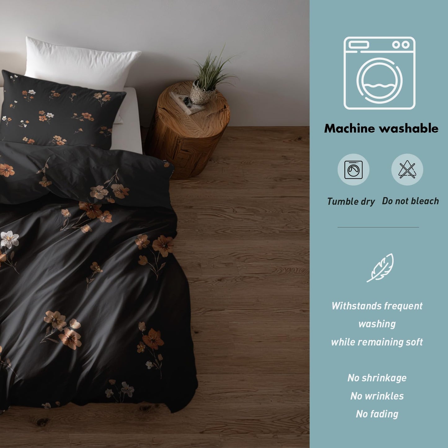 Black Floral King Size Duvet Cover Set 3 Piece, Botanical Flower Reversible Bedding with 2 Pillow Shams, Zipper & Ties, Ultra Soft Microfiber, Floral Bedroom Decorations 51A-I