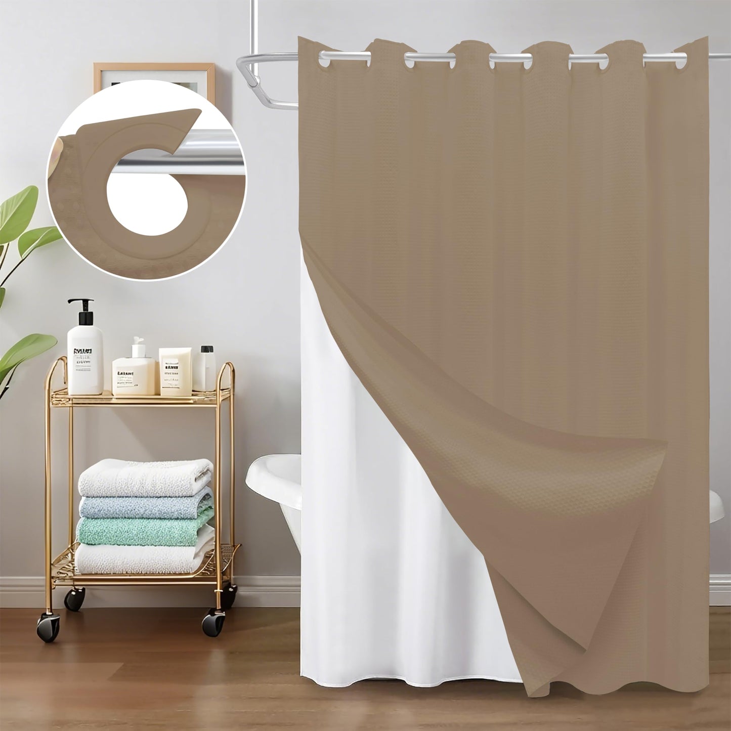 Inhousolu No Hook Shower Curtain with Removable Snap-in Liner, Waffle Weave 230 GSM Polyester, Weighted Hem, Water Repellent Washable, 72 x 84 Inch, Beige