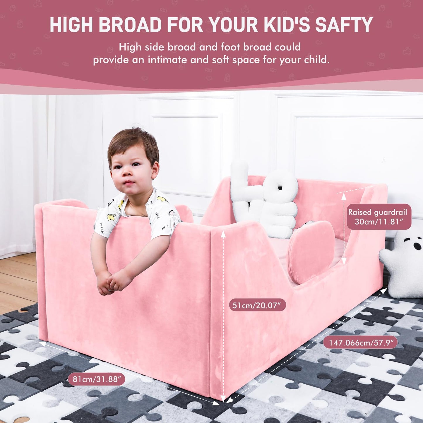 weeonekids Toddler Bed, Child Bed for Kids with Extra Safty Broad, Standard Crib Size Toddler Bed, Certified Fabric Toddler Beds,Toddler Flood Bed (Pink)