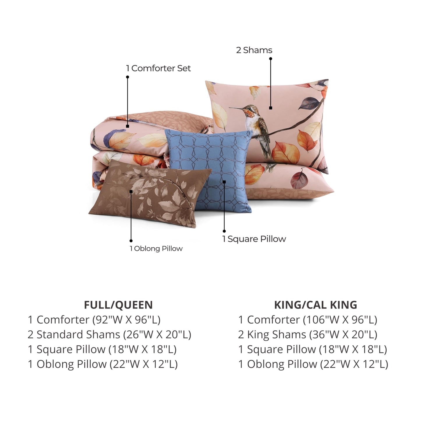 Bebejan Peachy Dogwood 5 Piece Comforter Set, 100% Cotton Sateen, 220 Thread Count, Pink Reversible Bedding Comforter Set, 1 Comforter, 2 Shams & 2 Pillows (King/Cal King)