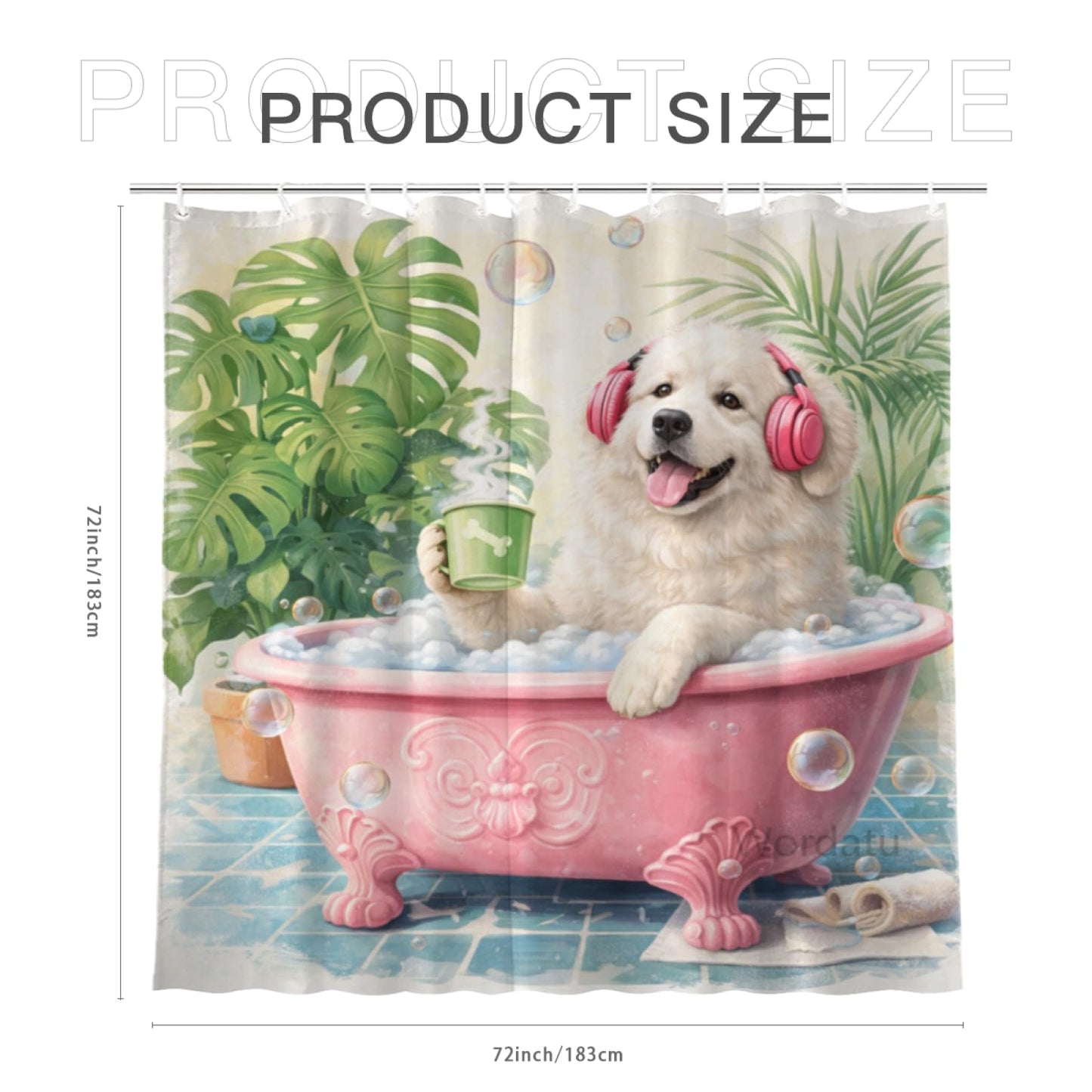 Wordatu Great Pyrenees Bathtub Green Plants Shower Curtain Cute Pet Animal Bathroom Waterproof Shower Curtain 72x72 with 12 Hooks(24455)