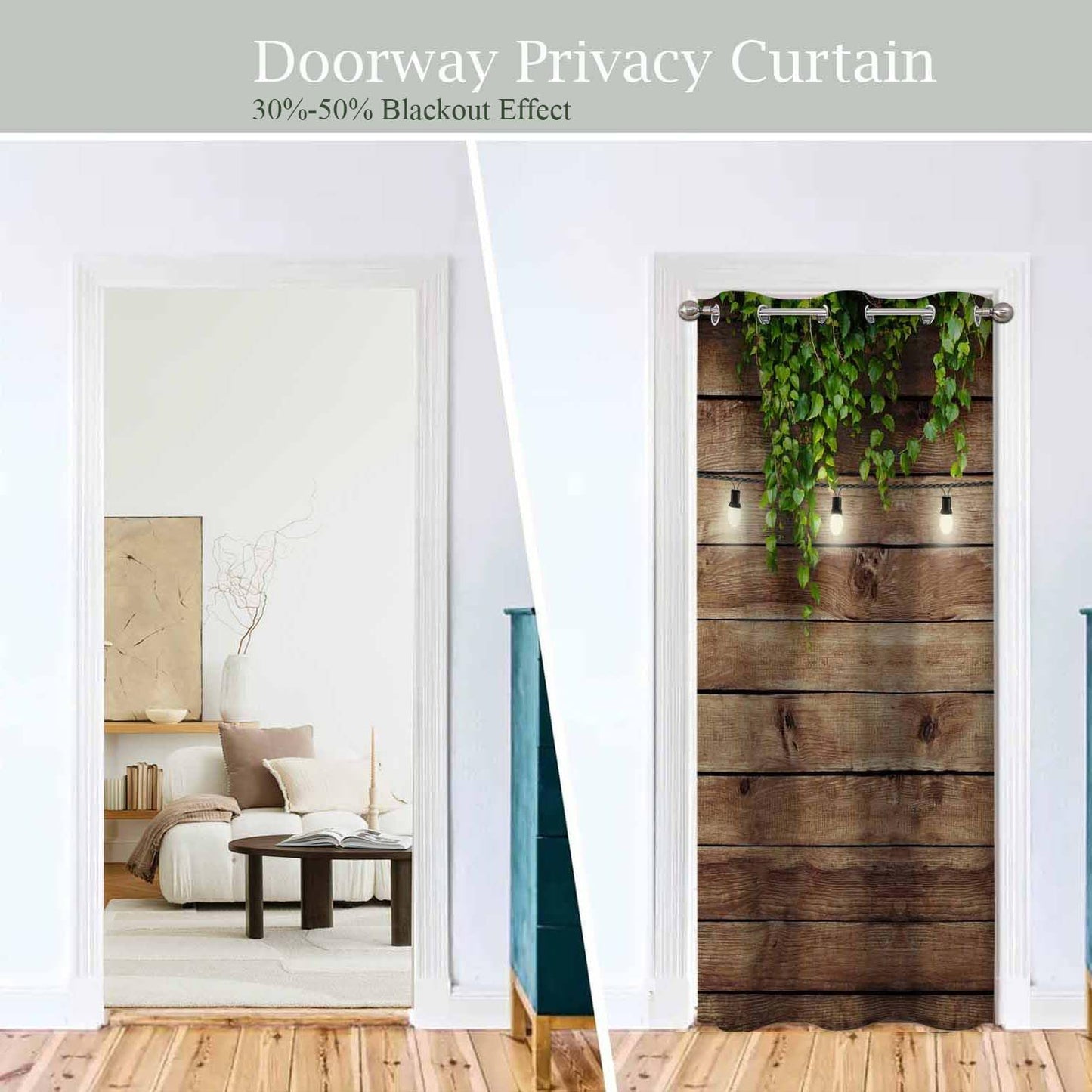Haciadan Wooden Board Door Curtain Garland Lamps Green Leaves Doorway Curtain Blackout for Bedroom Living Room,34x80 Inch 1 Panel