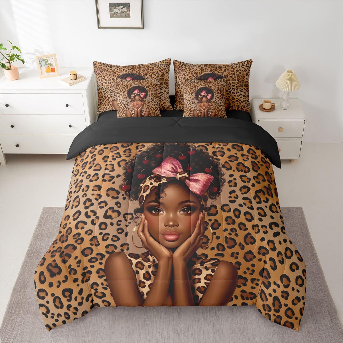 Erosebridal Bowknot Black Girls Queen Bedding Set Aesthetic Leopard Print Comforter Set with Flat and Fitted Sheet Teen Woman Animal Print 7-Piece Bed in a Bag Cute Red Cherry Quilt Sets
