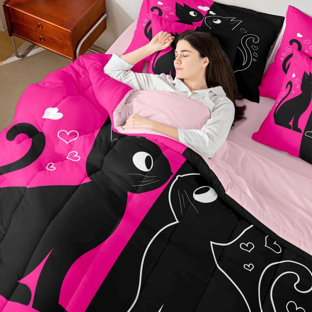 Cute Black Cat 7-Piece Bedding Set Full Size (Hot Pink and Black) | Valentine's Day Cats Bed in a Bag for Couple Lovers Romantic Cats Comforter Set with Sheets Kawaii Pet Animal Duvet Insert