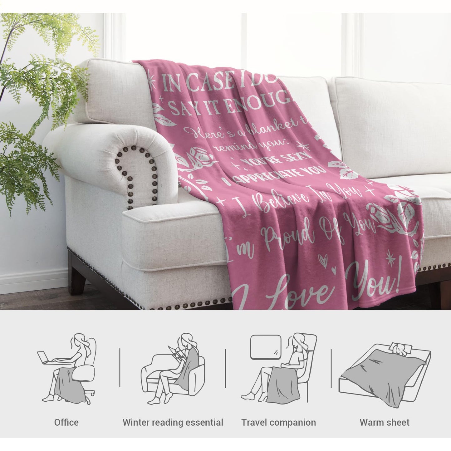 Jekeno Affirmation Blanket Gifts for Her Wife Girlfriend Women I Love You Inspirational Positive Romantic Rose Blankets Throw for Anniversary Birthday Decor Home Sofa Couch 50"x60"