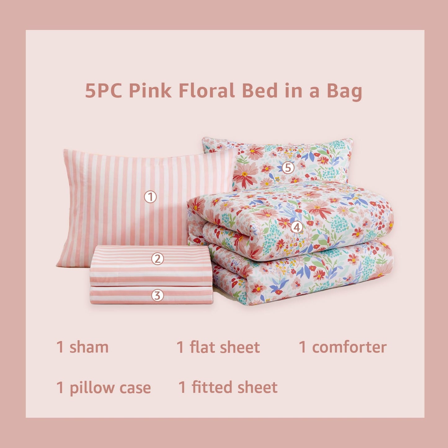 AMBERSPACE Twin XL Comforter Set for Girls, Pink Floral Garden Bedding Set, All Season Kids Bed in a Bag Dorm 5 Pieces with Sheets, Pillowcase & Sham