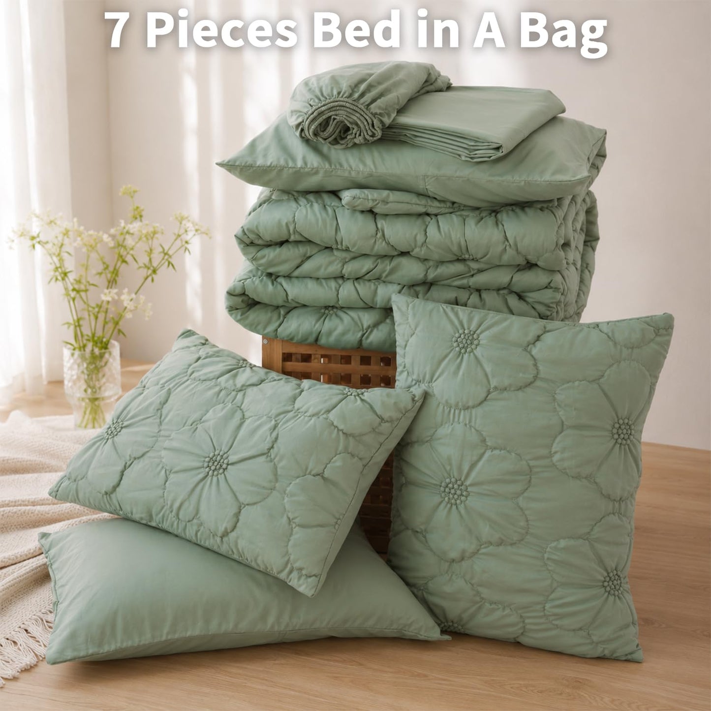 7 Piece Comforter Set, Pintuck Floral Bedding Set with Sheets & Pillowcases, Soft Fluffy All Season Comforter Set, Lightweight Breathable Bed Set for Bedroom Guest Room Dorm (Green, King, Flowers)