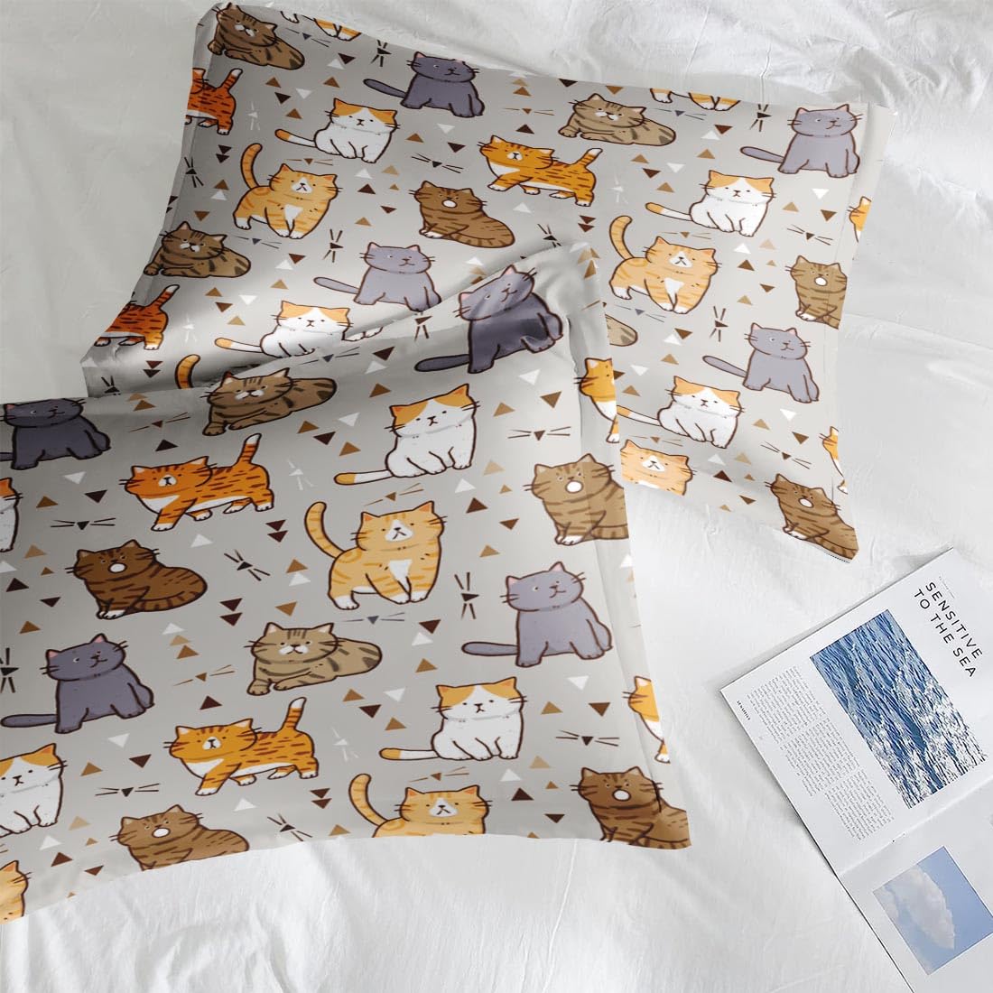 Pamnest Queen Size Bed Sheet Sets, Cute Cat Grey Soft Microfiber 4 Pcs Bedding Sets for Kids and Adults Bedroom Bed Decor, Cartoon Baby Animal Flat, Fitted Sheet and 2 Pillowcases