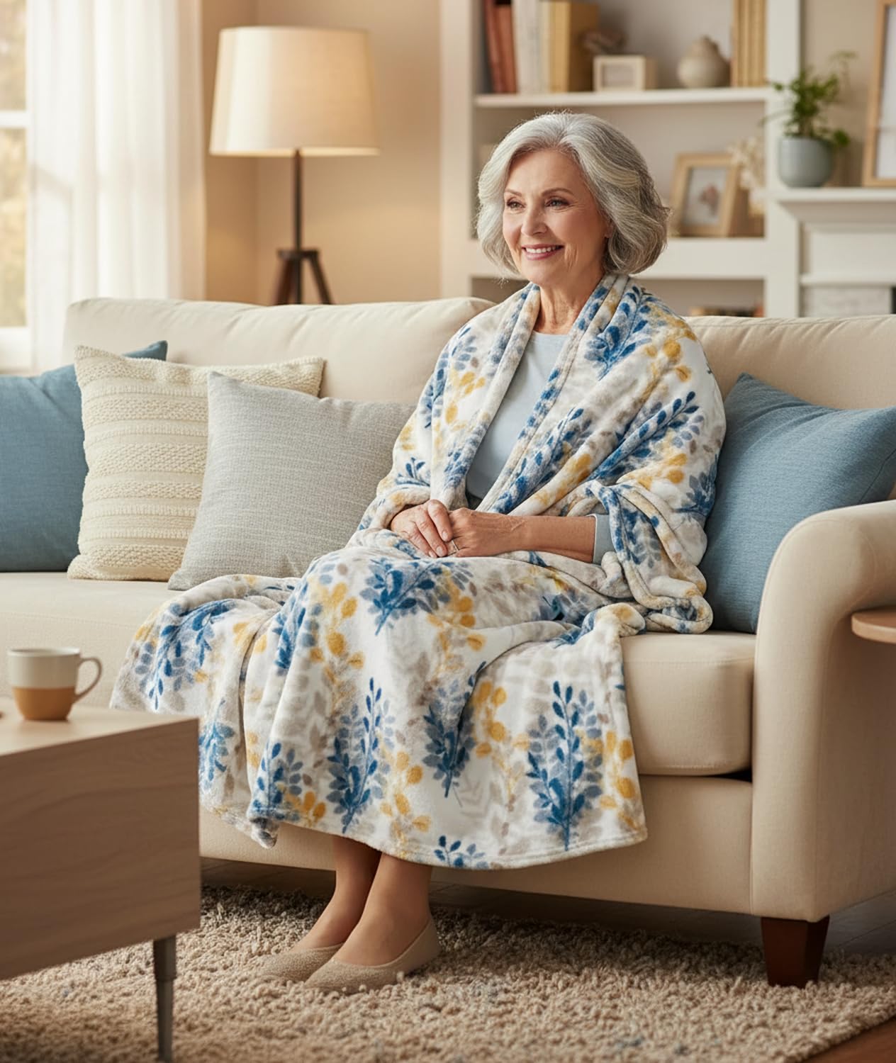 Floral Fleece Throw Blanket: Botanical Velvety Soft, Durable Accent for Bed or Couch Teal and Yellow Leaves, 50 x 70 inches