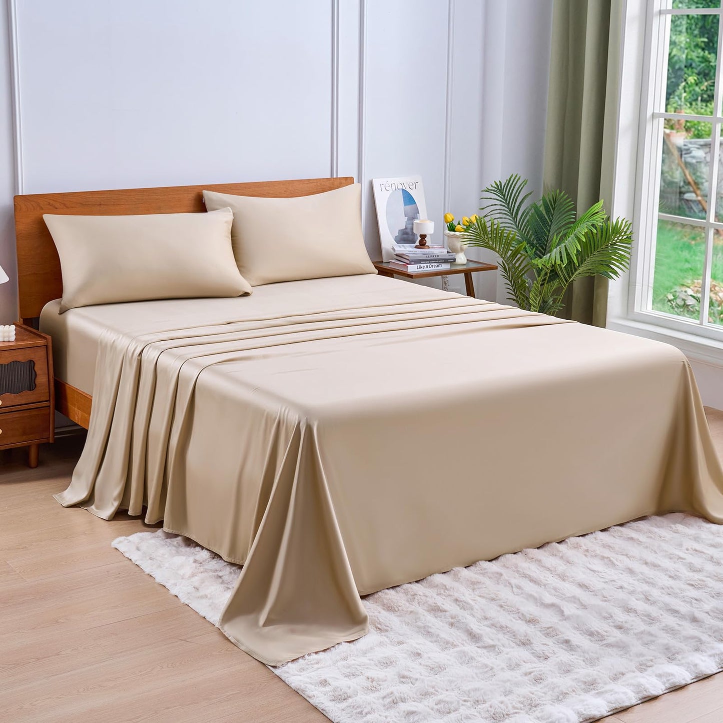 YIYEA 100% Viscose Derived from Bamboo Sheets, 600 Thread Count Cooling Bed Sheet Set for Hot Sleepers, Silky Soft, Breathable, 16" Deep Pocket, 4PC, King, Beige