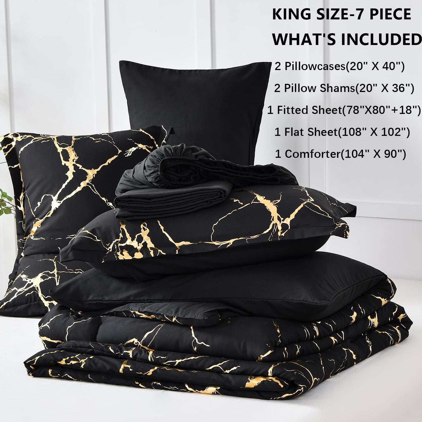 Yogeneg Gold Metallic Marble King Size Comforter Set,7 Piece Bed in a Bag,Foil Print Glitter Black Comforter and Sheet Set,All Season Soft Microfiber Complete Bedding Sets(Black,King)