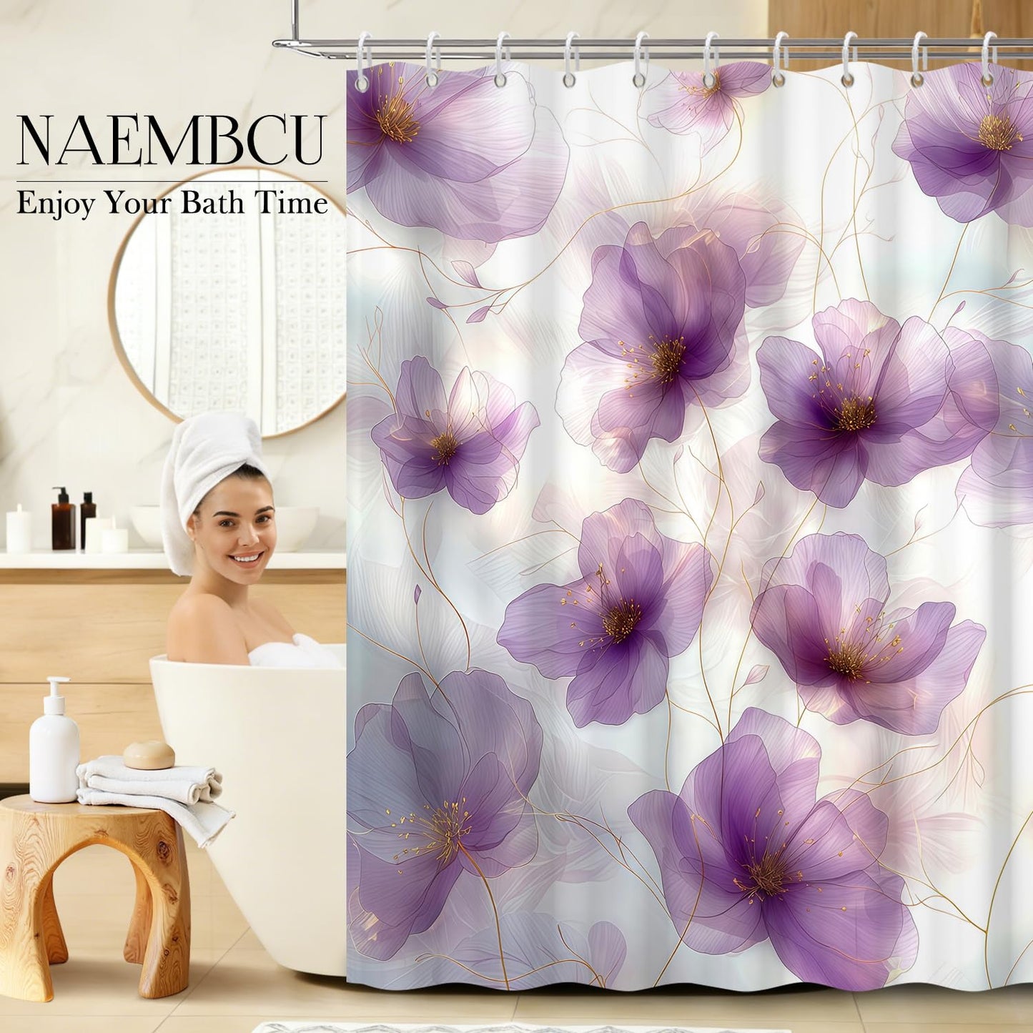 NAEMBCU Purple Floral Shower Curtain with Hooks - 72x72 Inch Waterproof Fabric Bathroom Curtain with Watercolor Abstract Flower Pattern, Washable Bath Curtain for Modern Glam Interiors