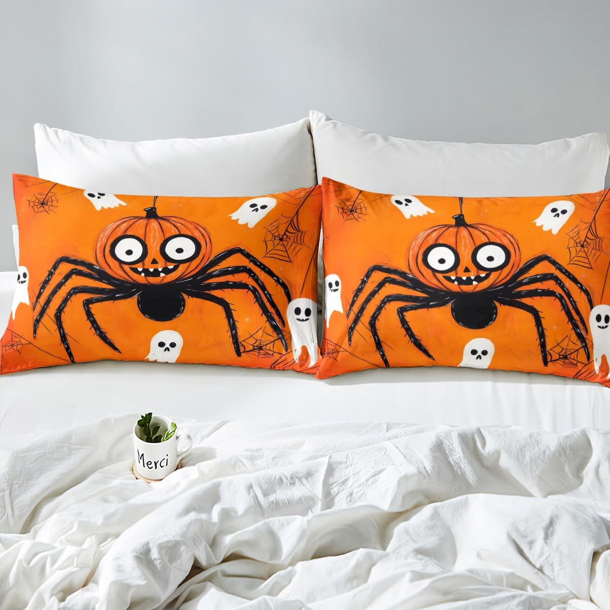 Feelyou Kids Halloween Bed Sheet Set Full Size, Spider Bedding Set Orange Pumpkin Fitted Sheet Boys Girls Horror Teens Bedroom Decor (2 Pillow Cases and a Fitted Sheet)