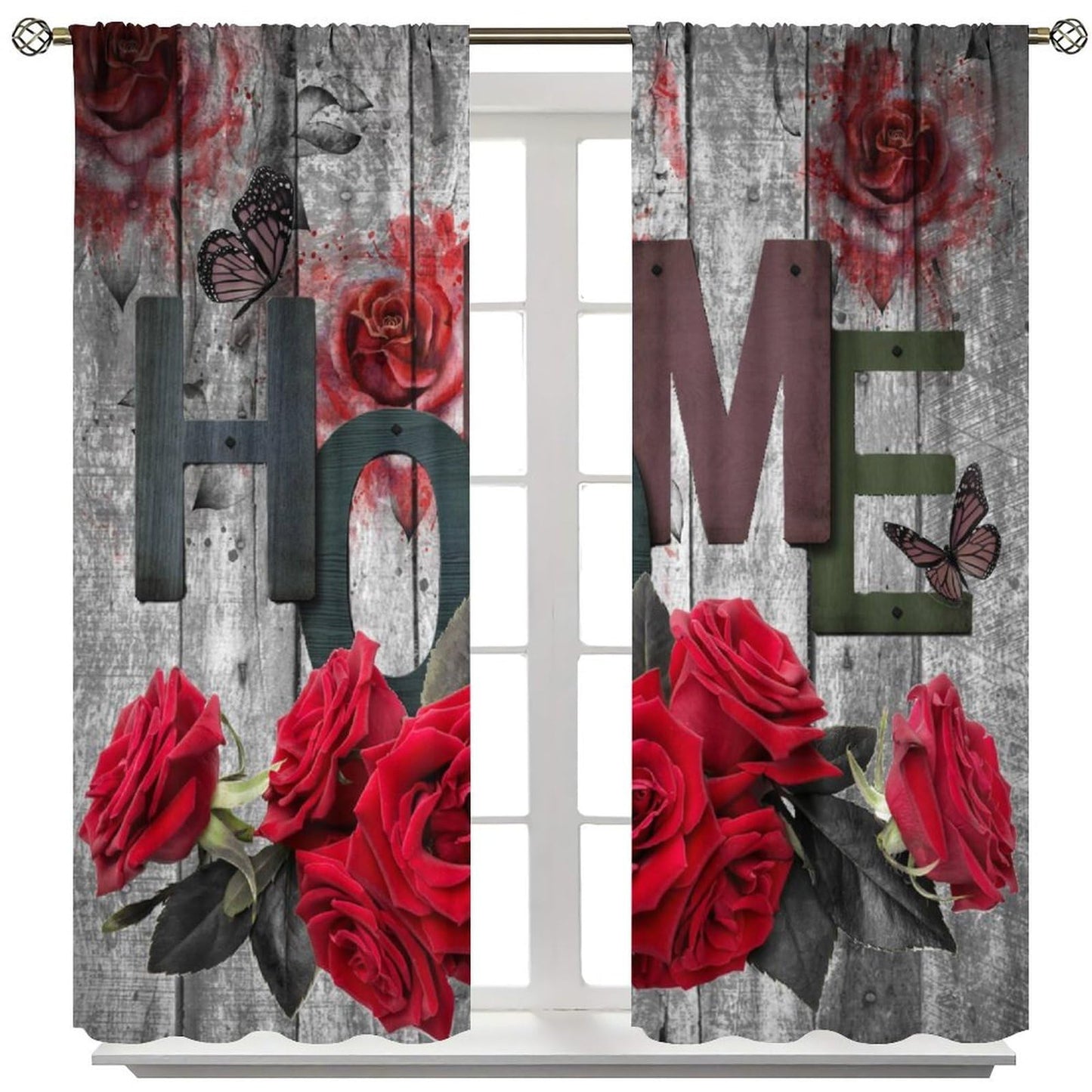 GoDazzling Red Rose Curtains, Wooden Rustic Romantic Flower Valentine's Day Rod Pocket Window Drapes, for Bedroom Living Room 41" W X 45" L (No Blackout)