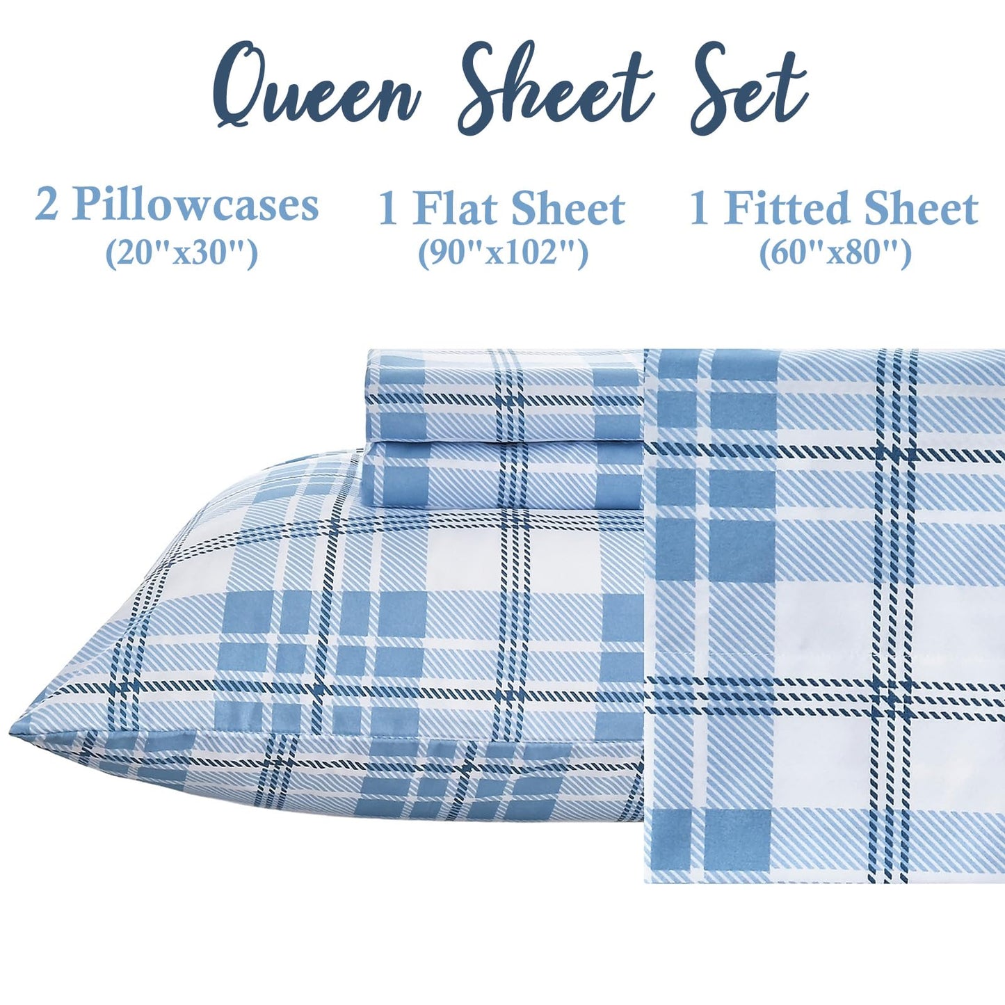 MICORAL Queen Sheet Set Plaid Patten, 4-Piece Printed Bed Sheets, 16" Deep Pocket, Ultra Soft & Cooling Sheet, Oeko-TEX Certified, Plaid Light Blue
