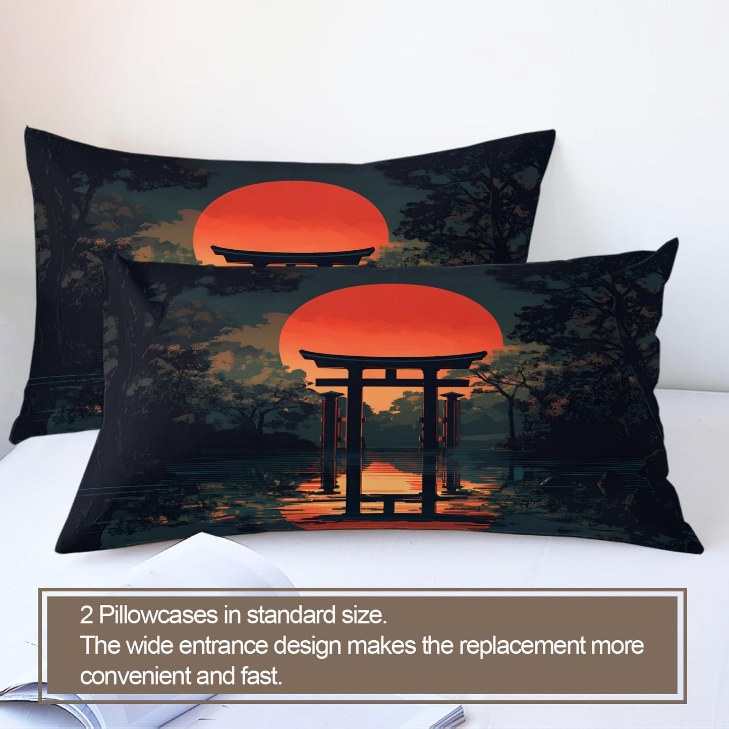 PAISUOQ Japanese Duvet Cover Queen Size, Traditional Torii Bedding Sets, 3 Piece, Soft Microfiber Patterned Comforter Cover with Zipper Ties & 2 Pillowcase, Natural Landscape Bedroom Decor & Gifts