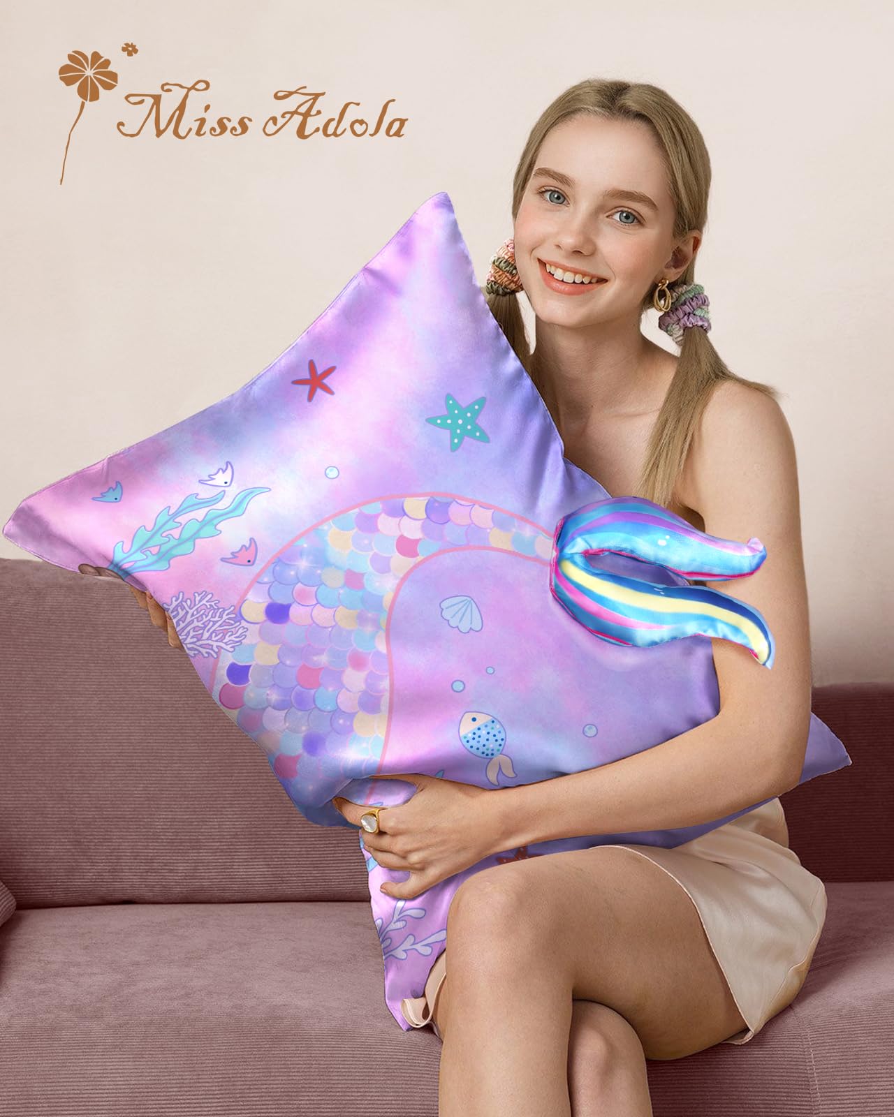 Miss Adola Kids Pillowcases Standard Size 20"x26" - Cute Cartoon Soft Breathable Silk Pillow Cases for Hair and Skin with Hidden Zipper for Girls Fun Kawaii Design for Bedding, Fish Tail