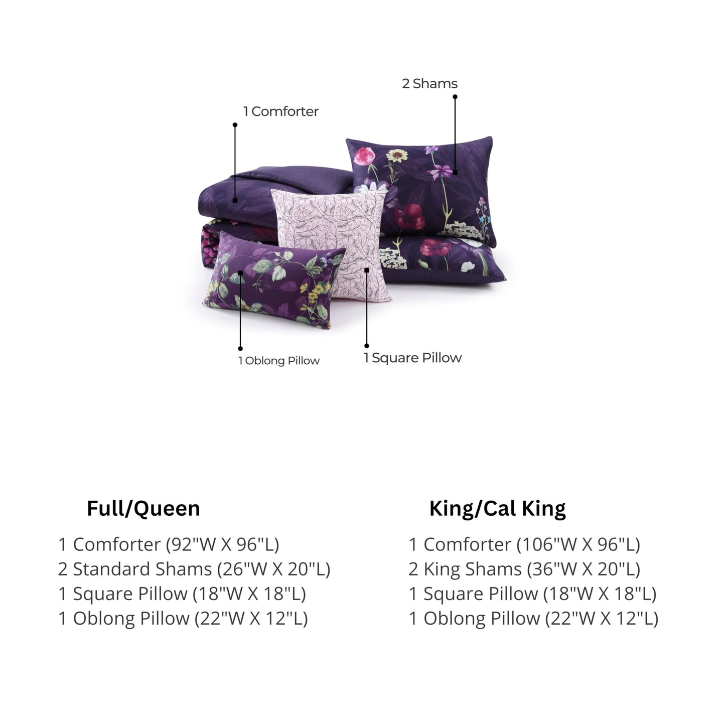 Bebejan Morning Glory 5 Piece Comforter Set, 100% Cotton Sateen, 220 Thread Count, Purple Floral Reversible Bedding Comforter Set, 1 Comforter, 2 Shams & 2 Pillows (King/Cal King)