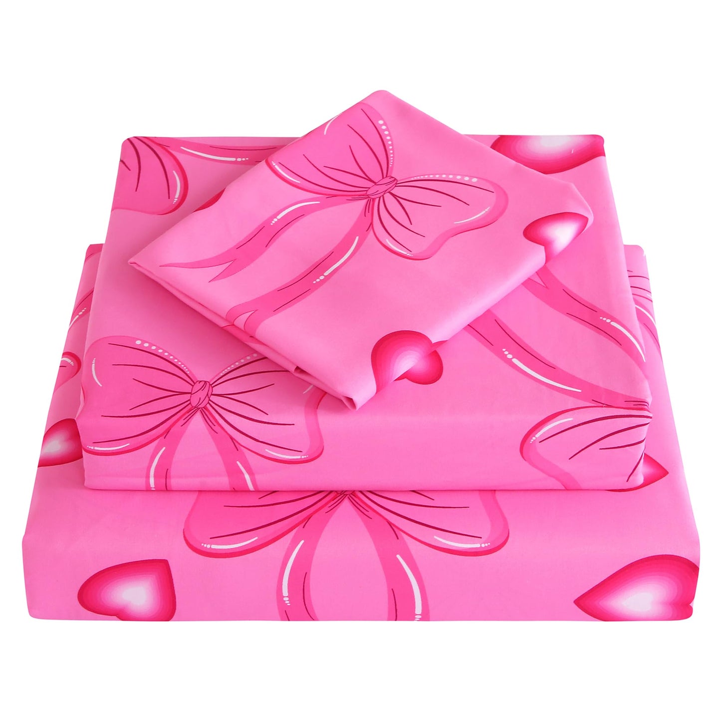 Softan Kids Twin Sheets Set, 3 Piece Heart Bow Bedding Set for Girls, Soft Breathable Microfiber with 15" Deep Pocket, Fitted Flat Sheet & Pillowcase