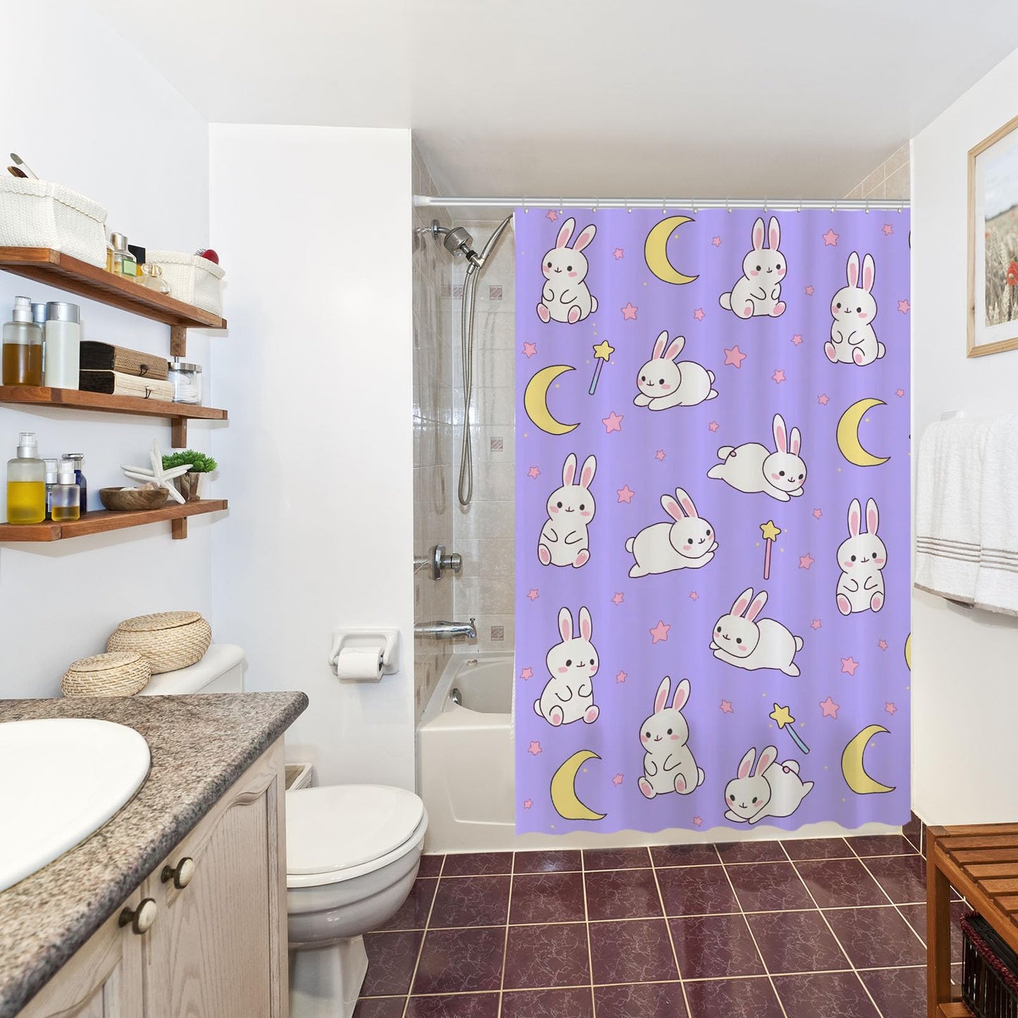 Funnytree Cute Anime Moon and Bunny Shower Curtain 72"x72" - Waterproof Fabric Bathroom Decor for Girls Teens Women Fans Daughter, Easy Care Washable (Hooks Not Included)