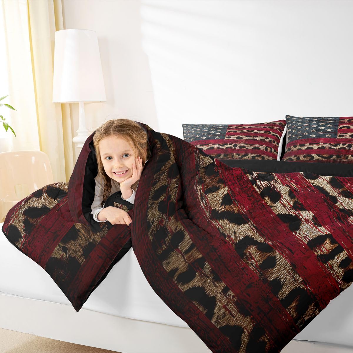 jejeloiu Leopard Print Bedding Set Soft for Boys Girls, American Flag Comforter Set Queen Size Cheetah Print Duvet Quilt Microfiber Modern Art Bedroom Decor 3 Pcs with 2 Pillow Cases