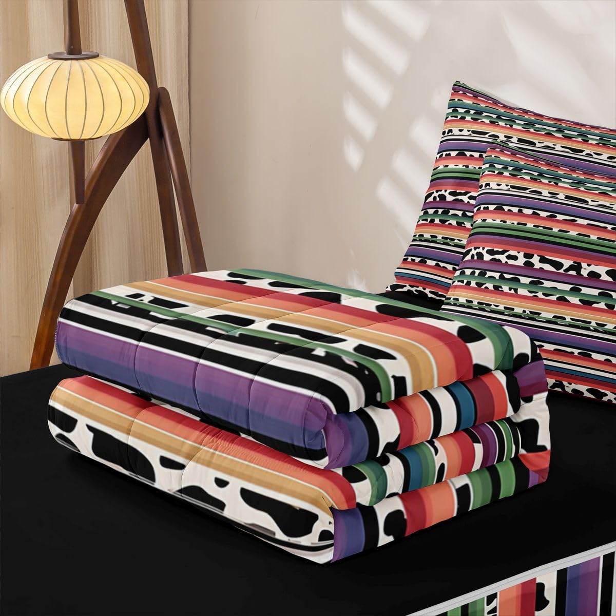 Rainbow Striped Zipper Bedding Set Queen Zip Up Bedding Purple Pink Cow Print Comforter Set with Sheets for Boys Girls,Black and White Cowhide Bed in a Bag Bull Farm Animals Western Bed Sets