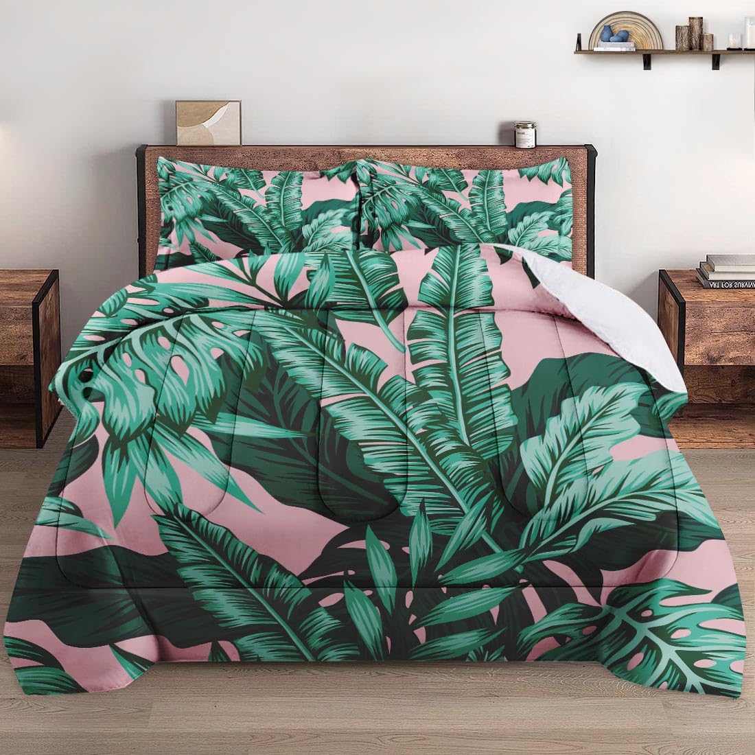 WeCozy Queen Size Comforter Set with 2 Pillowcases, Tropical Green Leaves Pink Leaf Soft 3 Pcs Bedding for Kids and Adults Bedroom Bed Decor