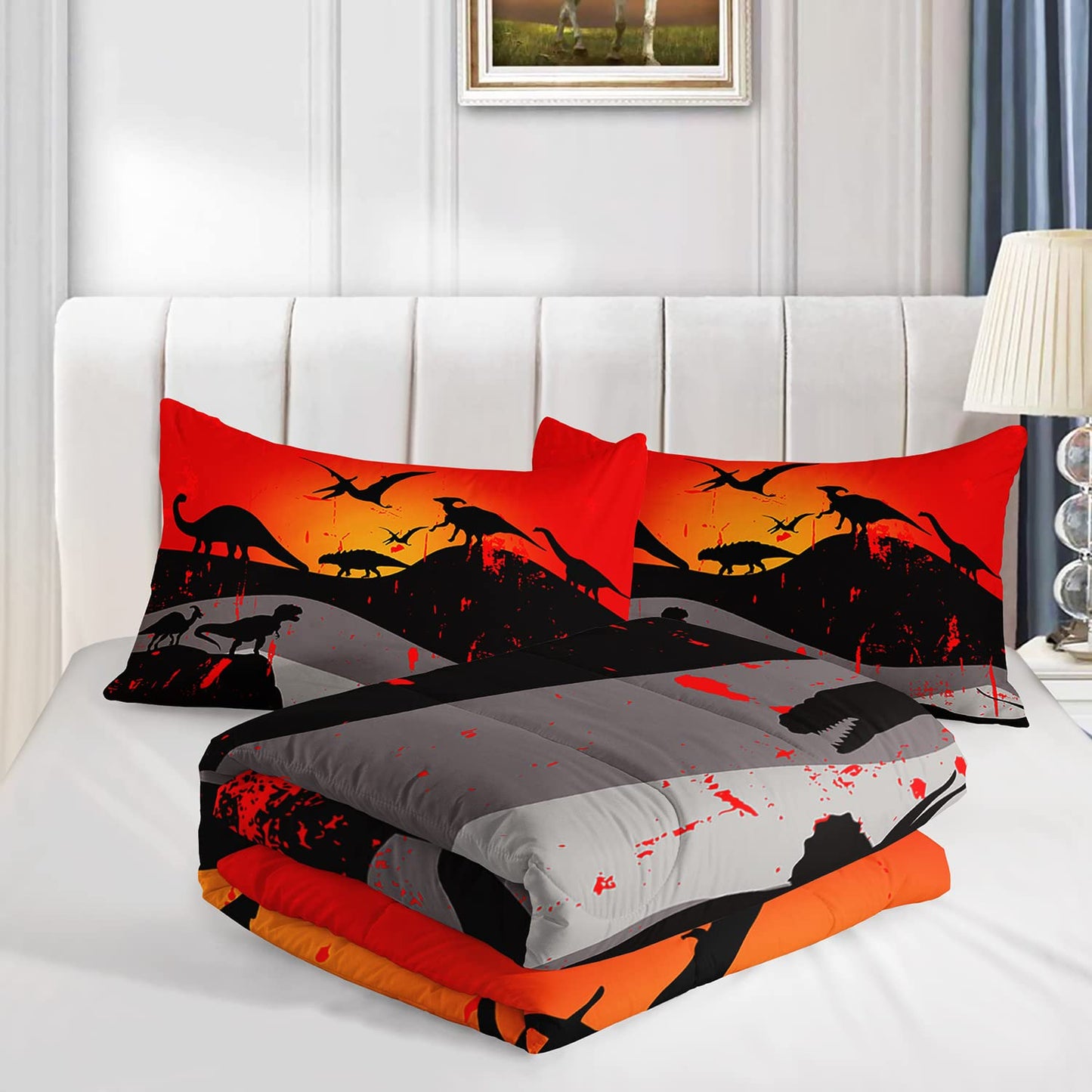 XYNHML Cartoon Dinosaur Comforter Set Twin 3Pc Kawaii Dinosaur Bedding Set All Season with Tree, Leaf Decoration Includes 1 Comforter, 2 Pillowcases for Kids Girls Teens