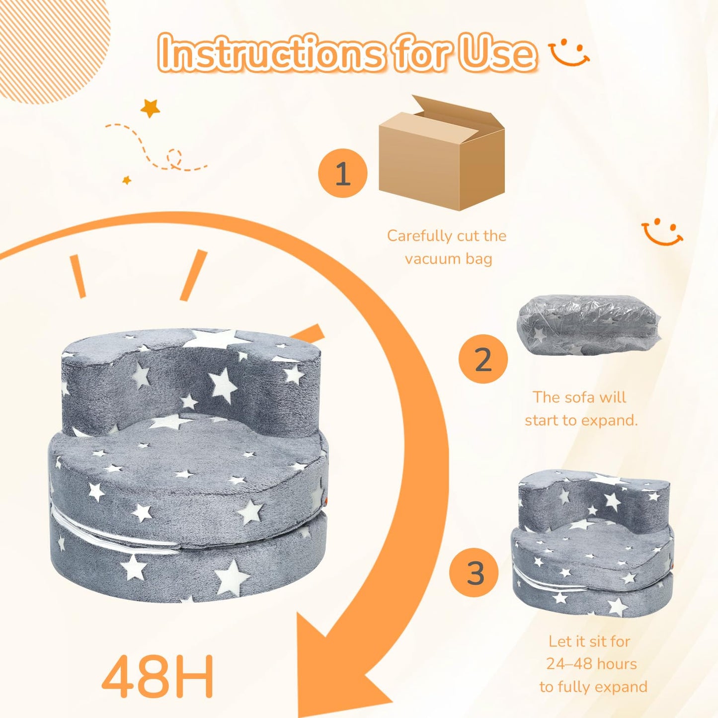 MeMoreCool Star Kids Chair, Flip-Open Kids Couch, Glow Print, Grey