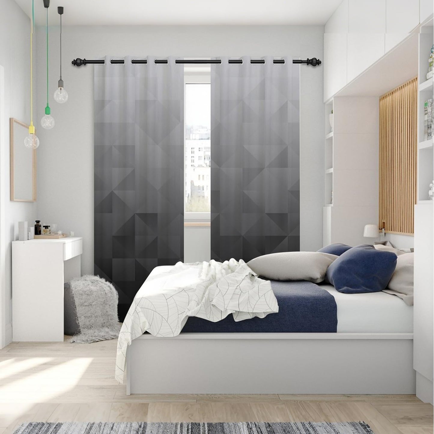 Xiazhilaio Gray Ombre Blackout Curtains 52 x 84 Inch, 2 Panels Gradient Geometric Print Drapes with Grommet Top, Modern Minimalist & Urban Style Window Treatment for Bedroom Living Room