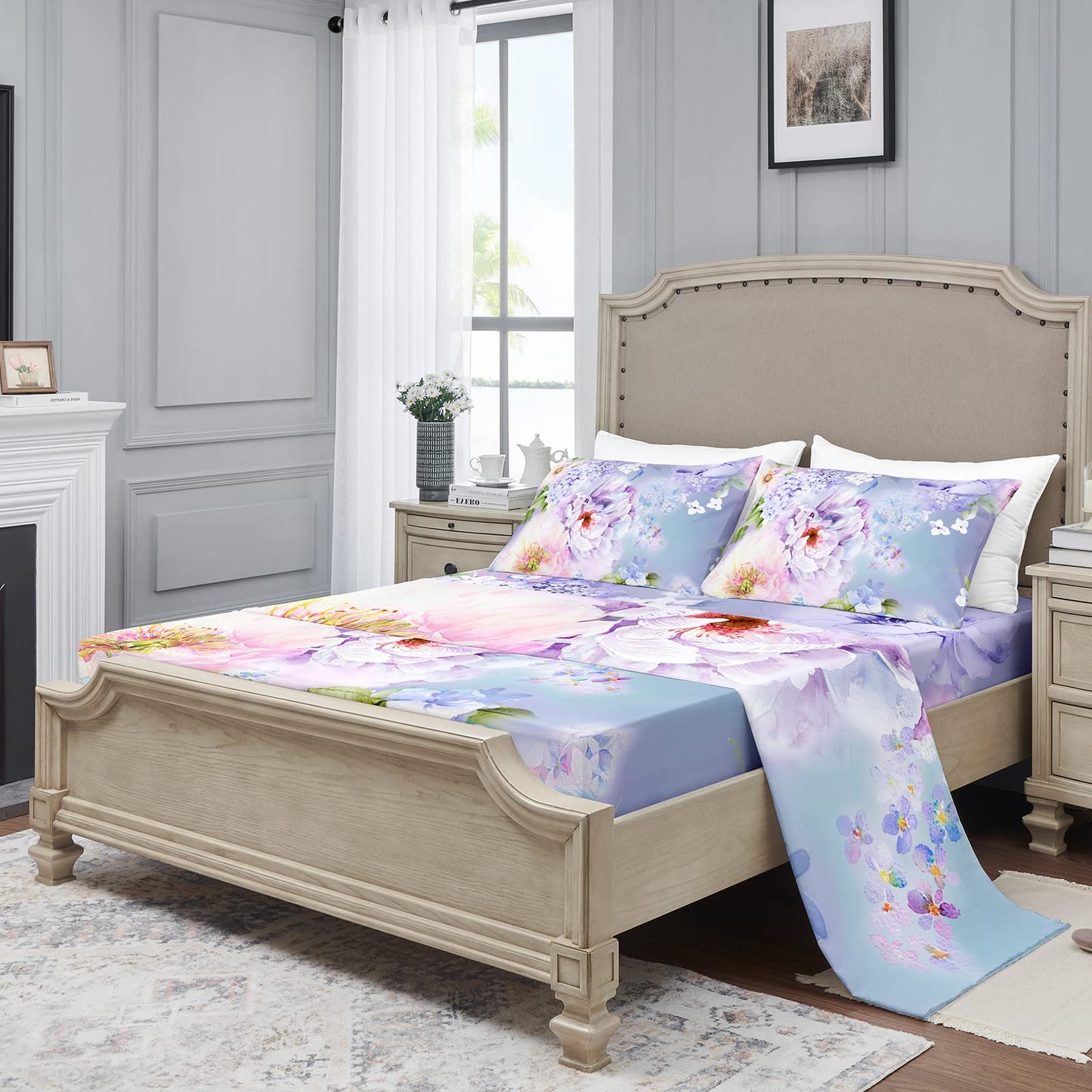 YIYEA Queen Sheet Set, Luxury 1800TC Hotel Quality Double Brushed Microfiber Floral Bed Sheets for Queen Size Bed, Extra Soft, Deep Pocket, Shrinkage and Fade Resistant, 4PC (Queen)