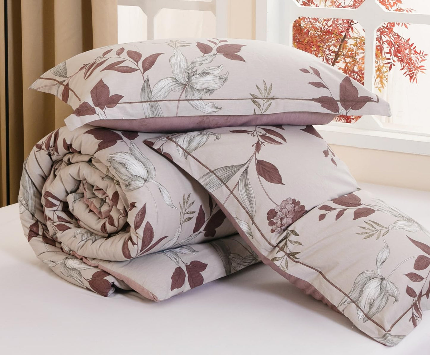 SLEEPBELLA Comforter Queen Size, 600 Thread Count Cotton Burgundy Botanical with Grey Floral Pattern Pink Reversible Comforter Set,Down Alternative Bedding Set 3Pcs(Queen, Burgundy Botanical)