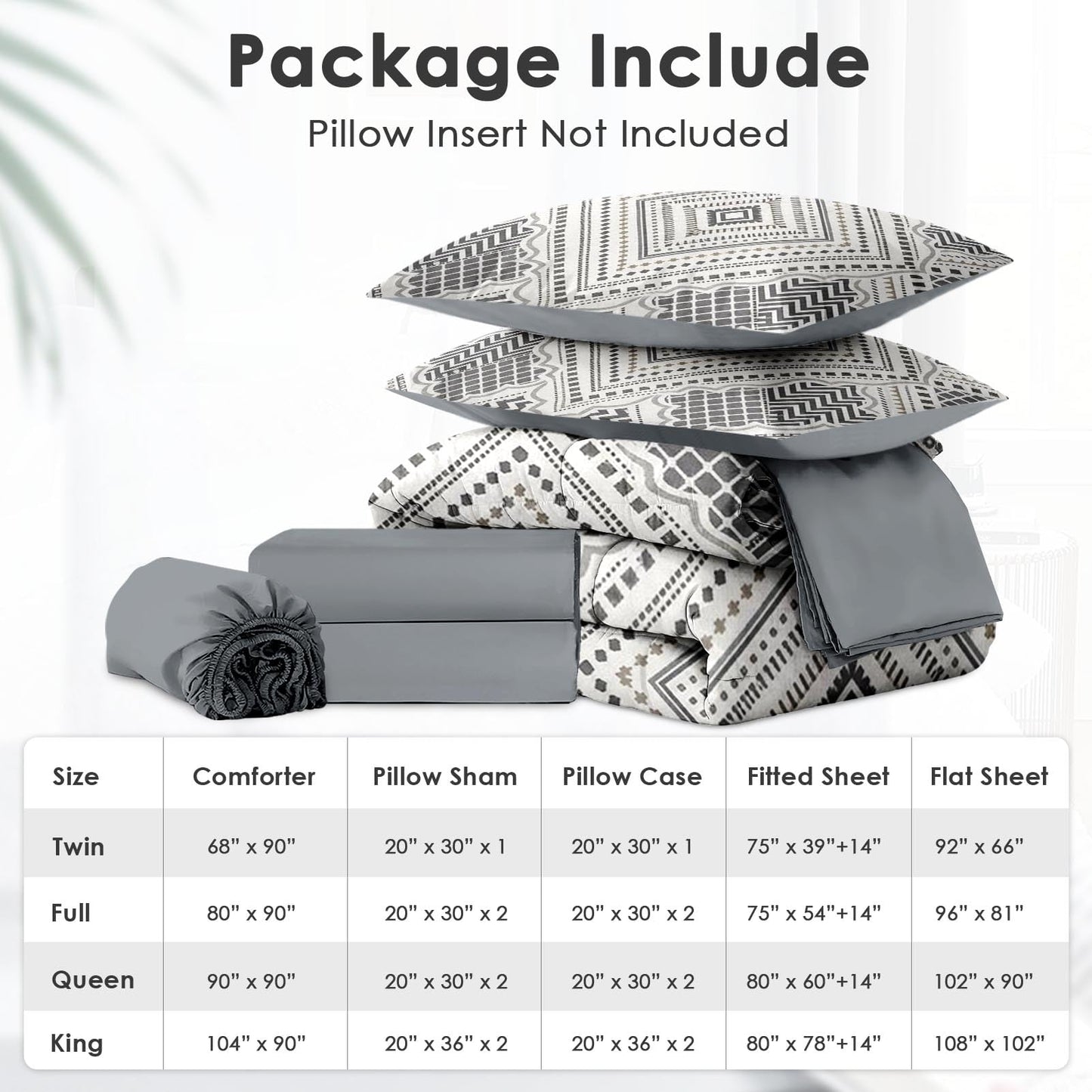 Boewywh Comforter Set Twin Size Boho Geometric Aztec 7 Pcs, Bedding for Kids and Adults, Farmhouse Grey Bed Sheet Sets with Fitted Sheet 2 Pillowcases & 2 Shams for Bedroom Bed Decor