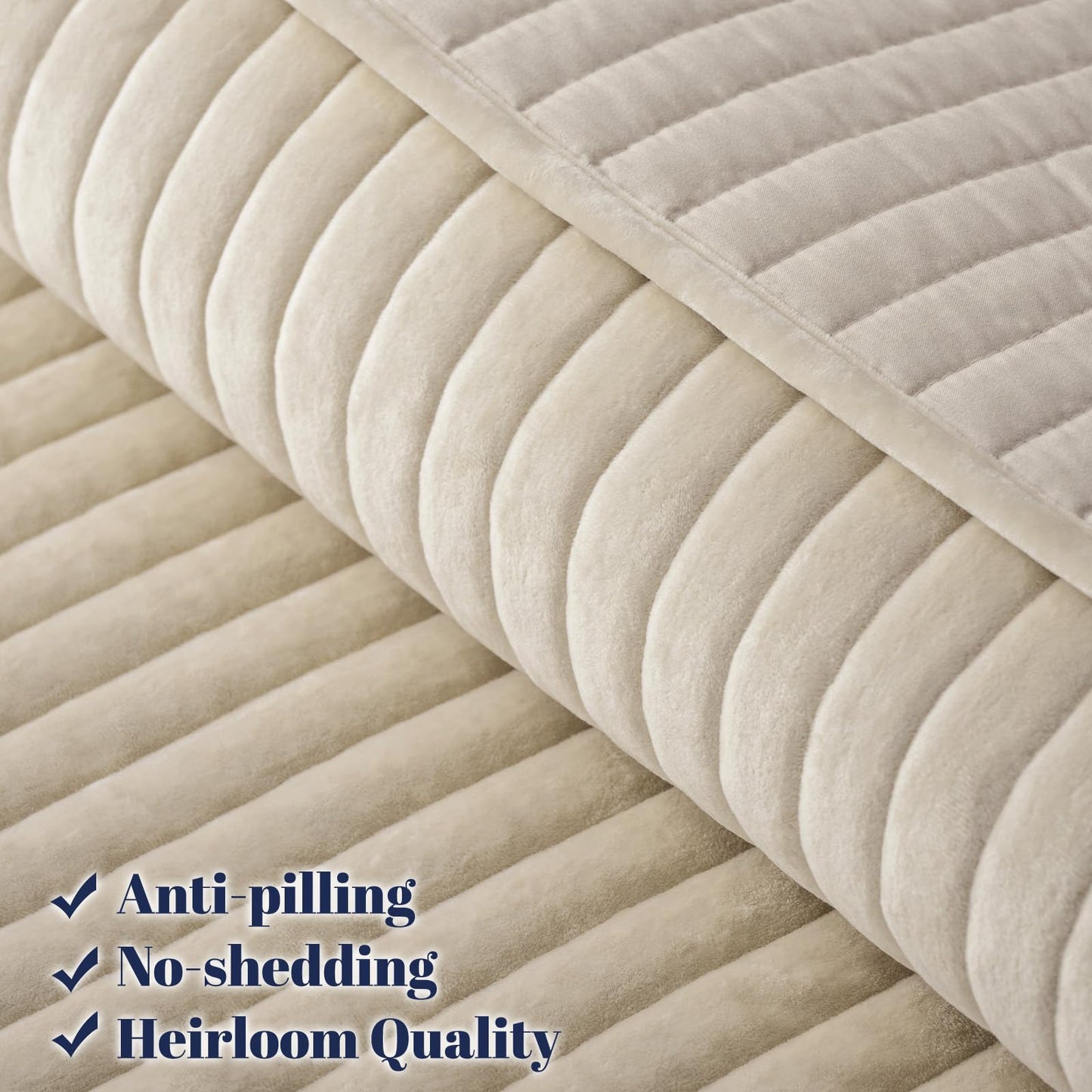 PHF Luxury Velvet Quilt Set Queen Size – 3PCS Ultra Soft Quilted Comforter Alternative with Striped Channel, Cozy Quilted Bedspread, 1 Coverlet with 2 Matching Shams, 90" x 92", Sand