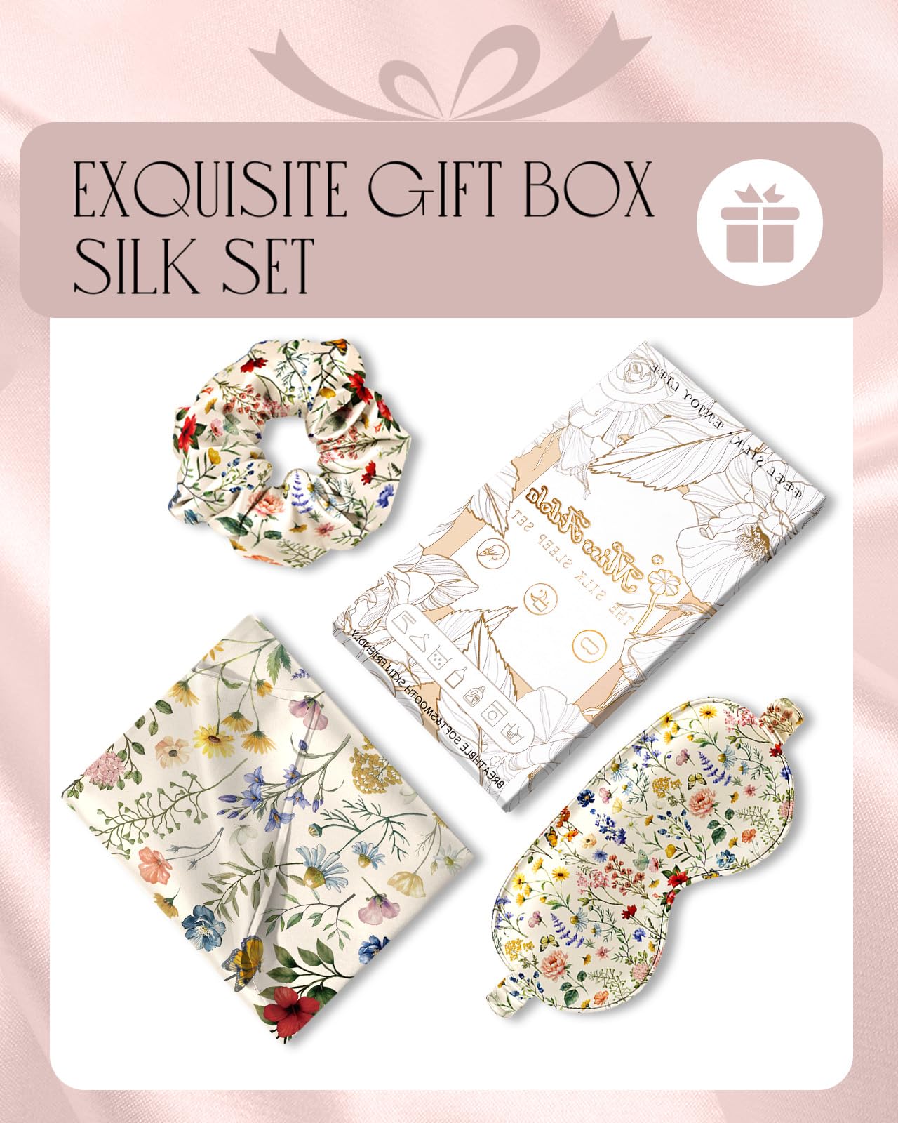 Miss Adola Mulberry Silk Pillowcase Set - 1 Pc Silk Pillowcase with Eye Mask & Scrunchie, Soft Standard 20"x26" Pillow Case for Hair and Skin, Sleeping Gift for Women, Flower Floral