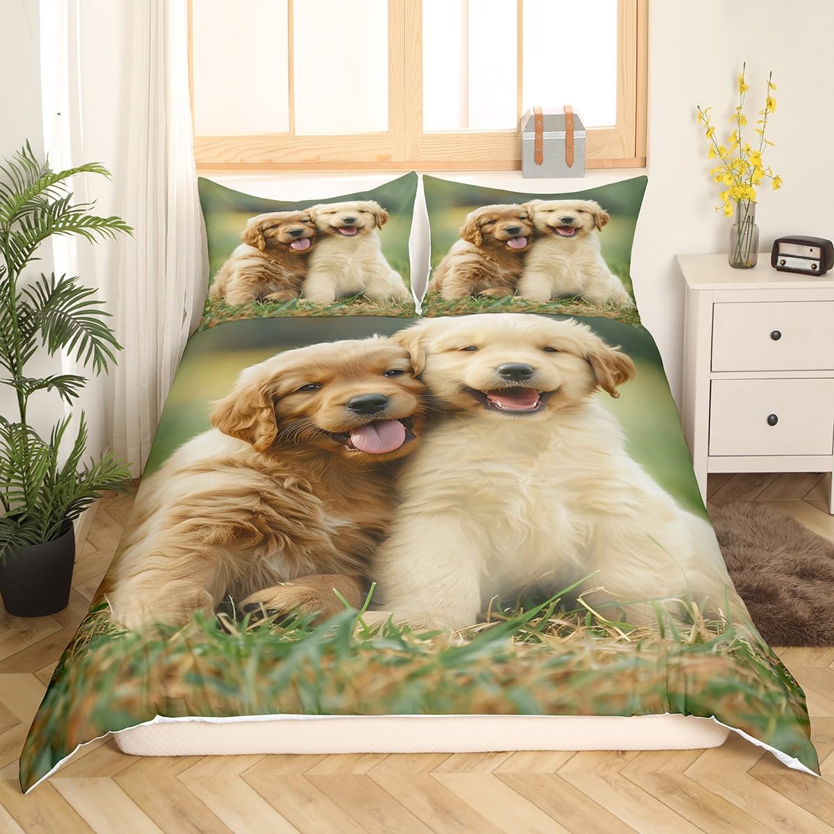 Homewish Cute Golden Retriever Bedding Set for Kids Teens Green Grass Decor Comforter Cover (No Comforter) Soft Polyester Duvet Cover Set (1 Duvet Cover + 2 Pillow Cases) Full Size