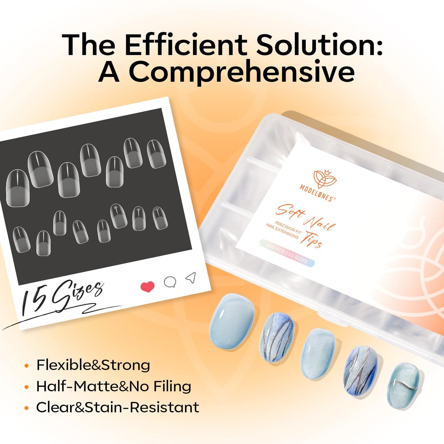 modelones Extra Short Oval Gel Nail Tips, 360pcs Pre-etched Clear Round Fake Nails Press On Full Cover Half Matte 15 Sizes Acrylic Gel Tips for Extension Salon