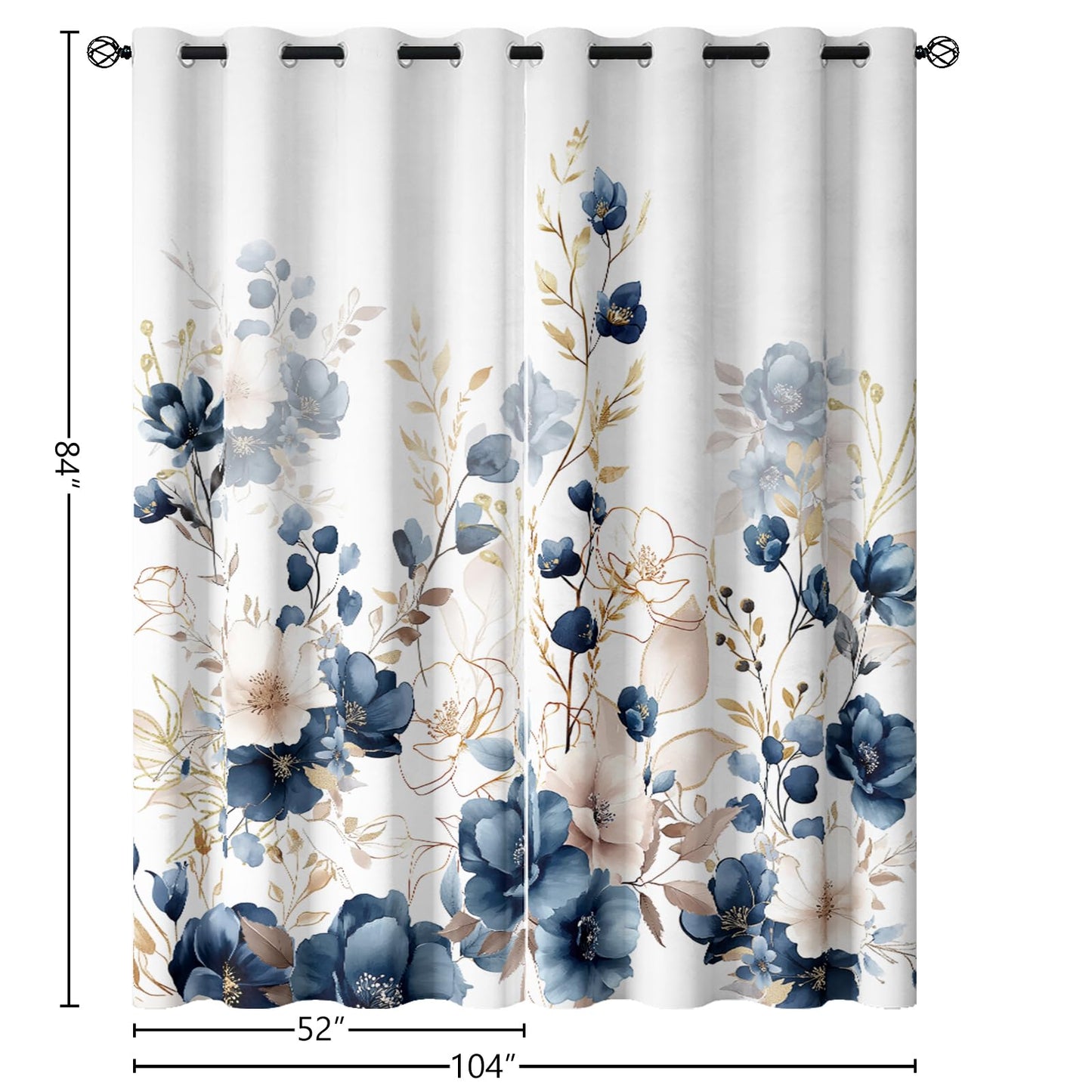 Sanzugh Boho Floral Blackout Curtains 84 Inch Long 2 Panels Set, Navy Blue and Gold Flower Cute Black Out Patterned Printed Window Curtain for Bedroom Living Room, Grommet Window Drapes