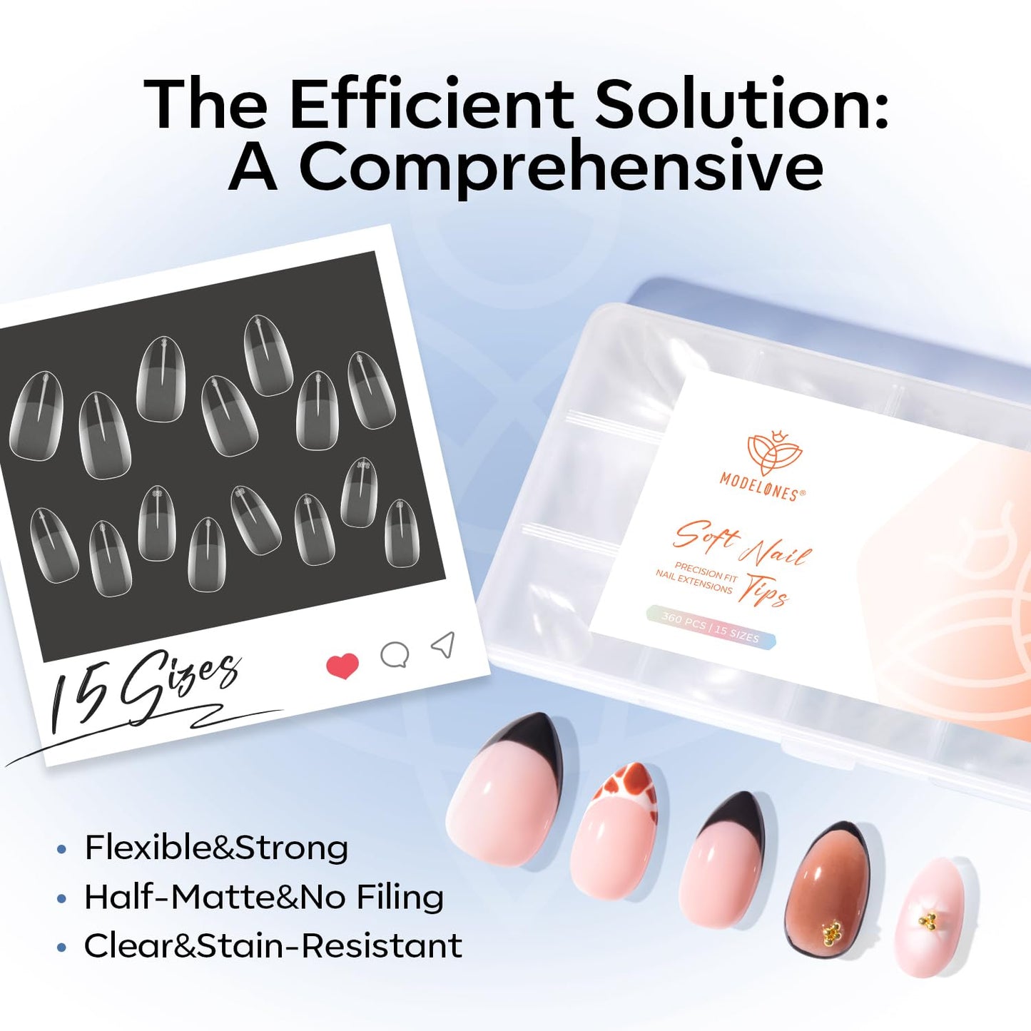 modelones Short Almond Nail Tips, 360pcs Pre-etched Clear Soft Press On Fake Nails Full Cover Half Matte Acrylic Gel Tips Extension for Salon & Home Use 15 Sizes