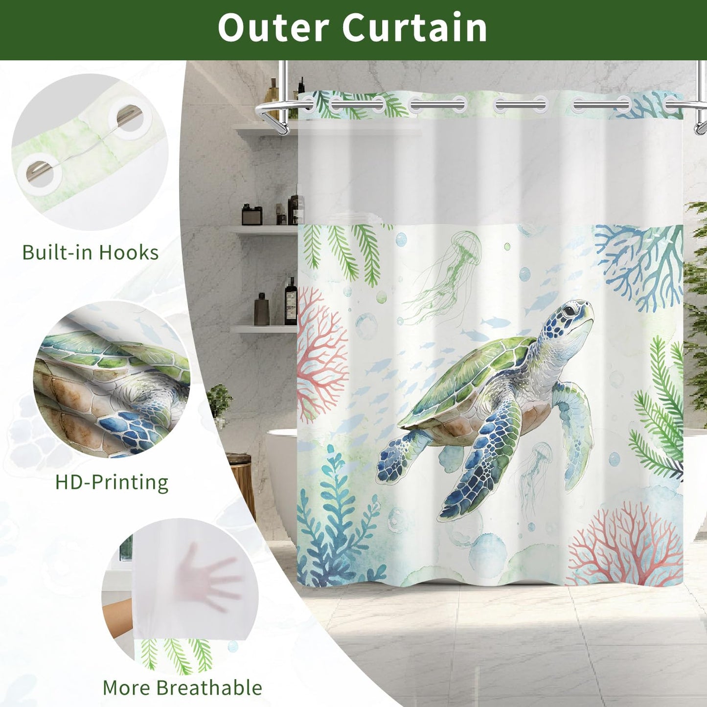 Snap On Shower Curtain Set 71x74 Inch, Hookless 2-in-1 Waterproof Curtain with Liner, Easy Install No Rings Needed, Beautiful Green Sea Turtle Underwater Scene, Durable Polyester Fabric