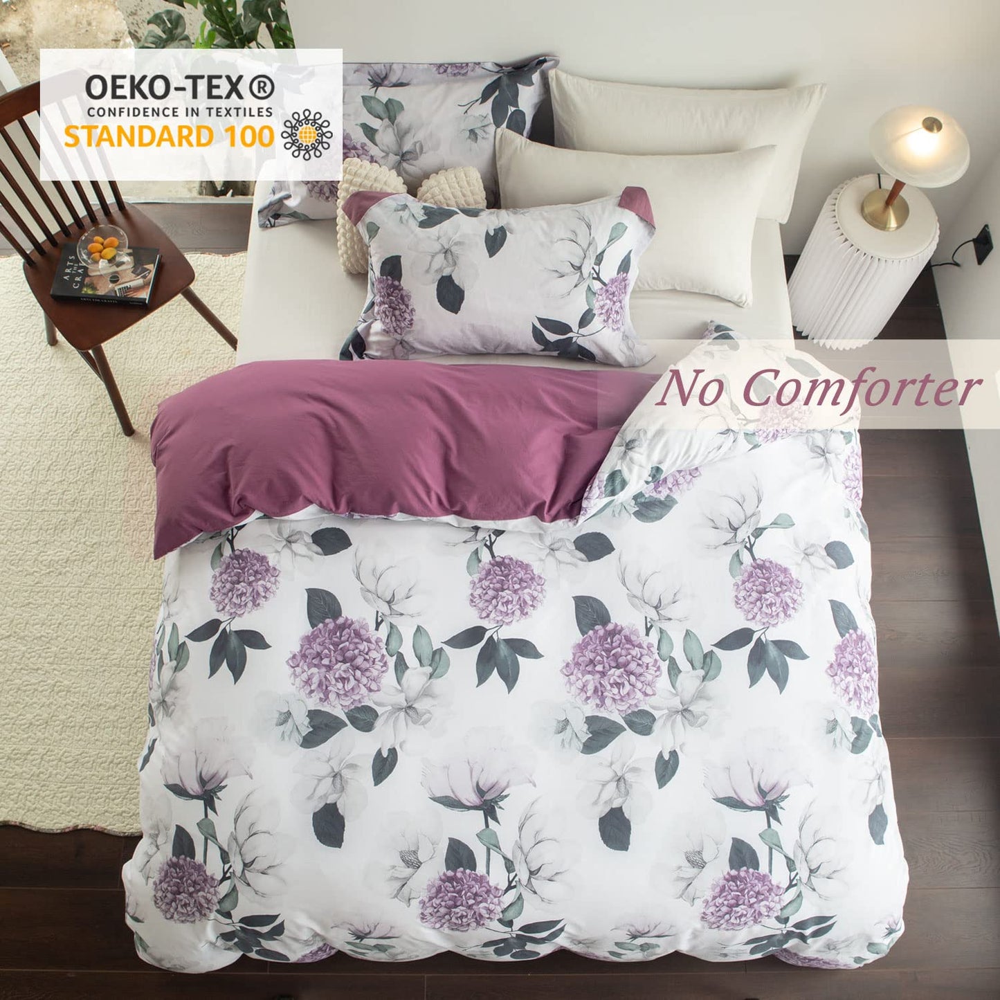 MILDLY 100% Washed Cotton Duvet Cover - Hydrangea Floral Comforter Cover Set Botanical Flower Pattern Bedding Set with Zipper Closure