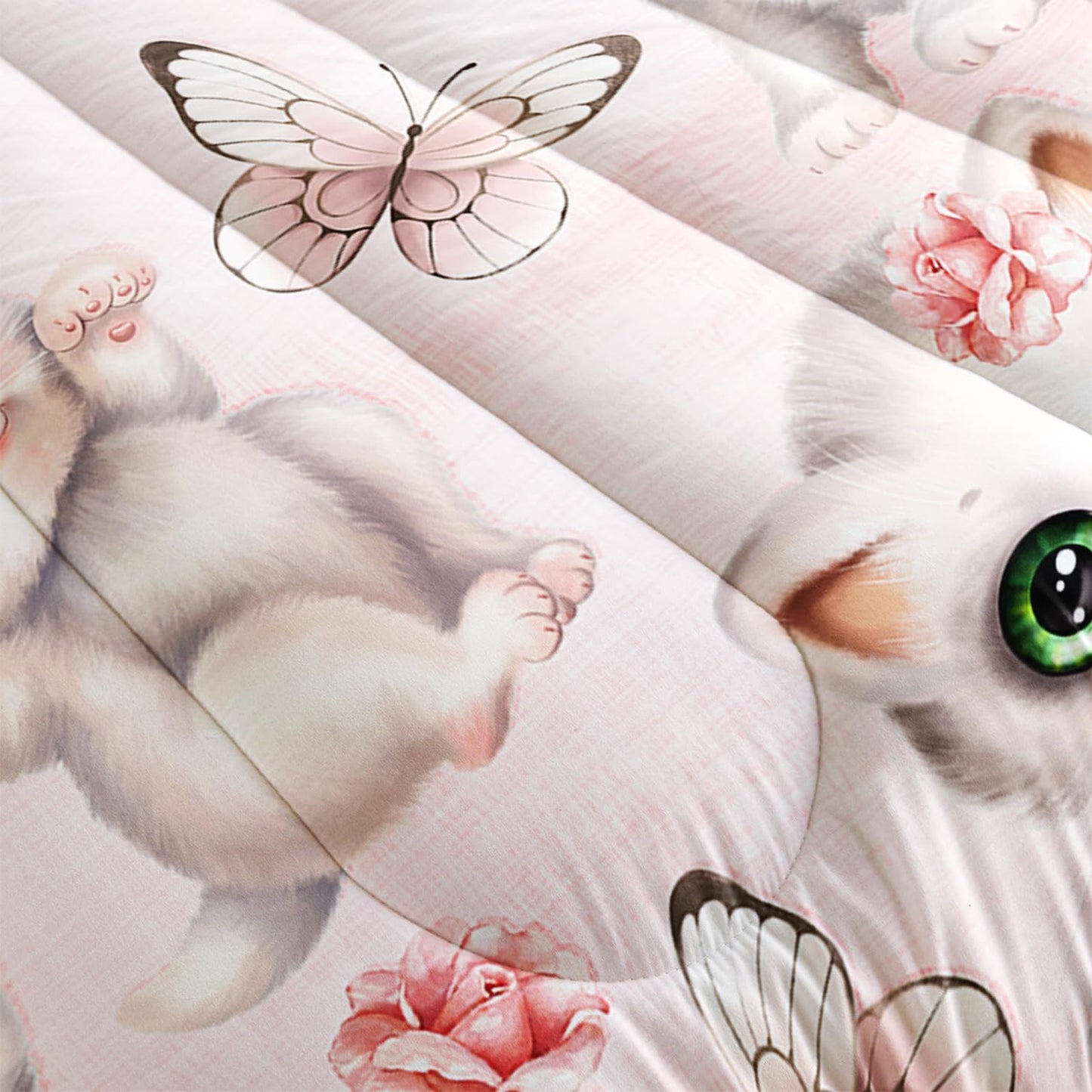 XYNHML Kids Bedding Full Cartoon Cat Comforter 3 Pieces Pink White Cat Butterflies Comforter Set for Teens Kids Boys Girls Adults Kawaii Flower Quilt with 1 Comforter and 2 Pillowcases