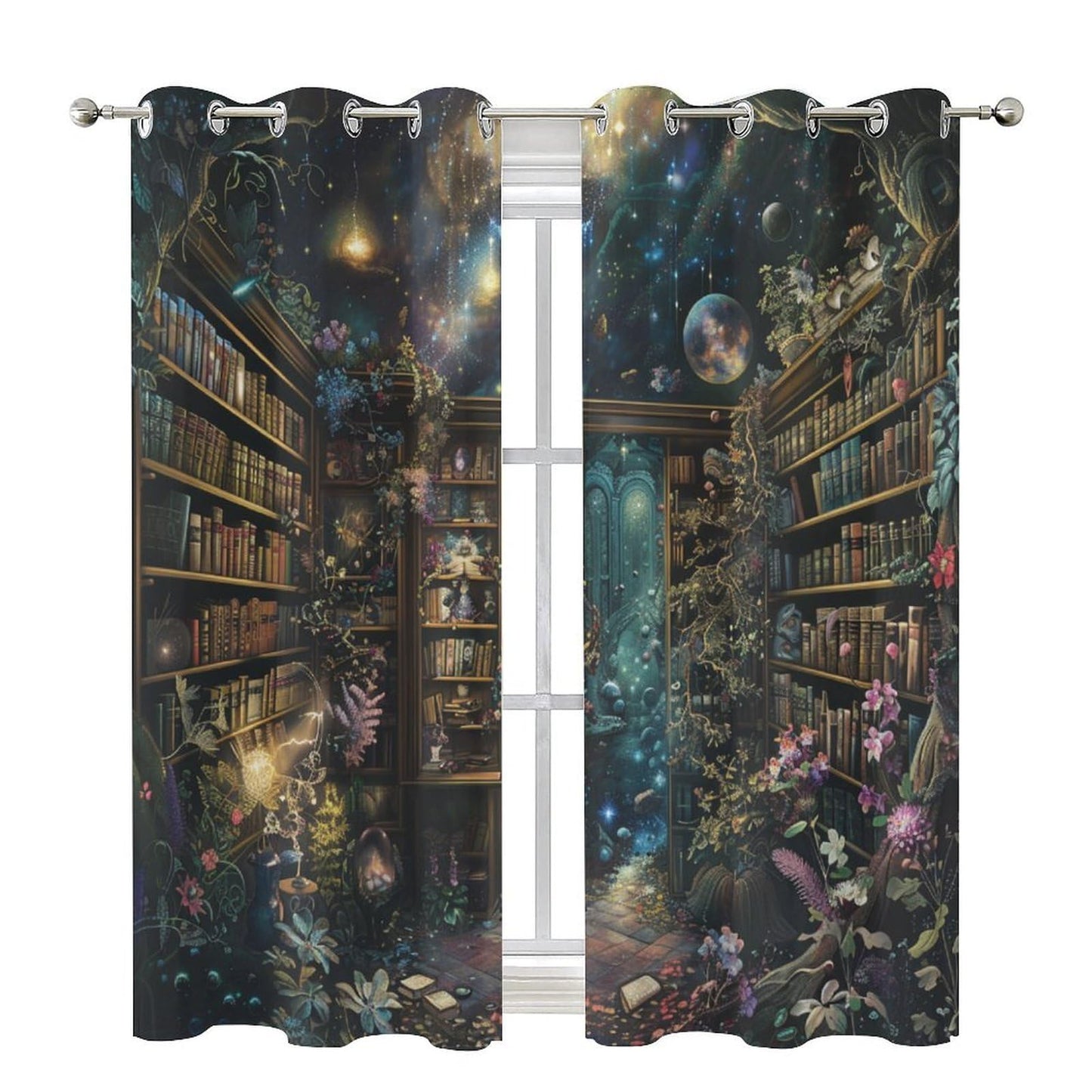 HDESDIS Vintage Library Blackout Curtains for Bedroom Living Room, Classic Floral Bookshelf Space Thermal Insulated Curtains Window Drapes with Grommet, 21W x 45L, 2 Panels