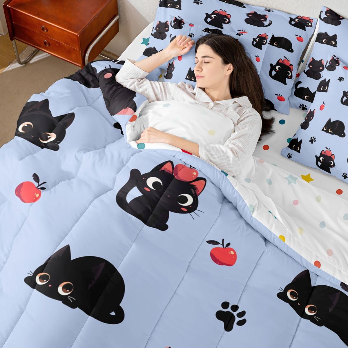 Erosebridal Cute Black Cats 7-Piece Bedding Set Full Size for Kids Girls Teens - Cartoon Black Cats Bed in a Bag Lovely Cat Paw Print Comforter Set with Sheets Kawaii Animal Cat Duvet Insert
