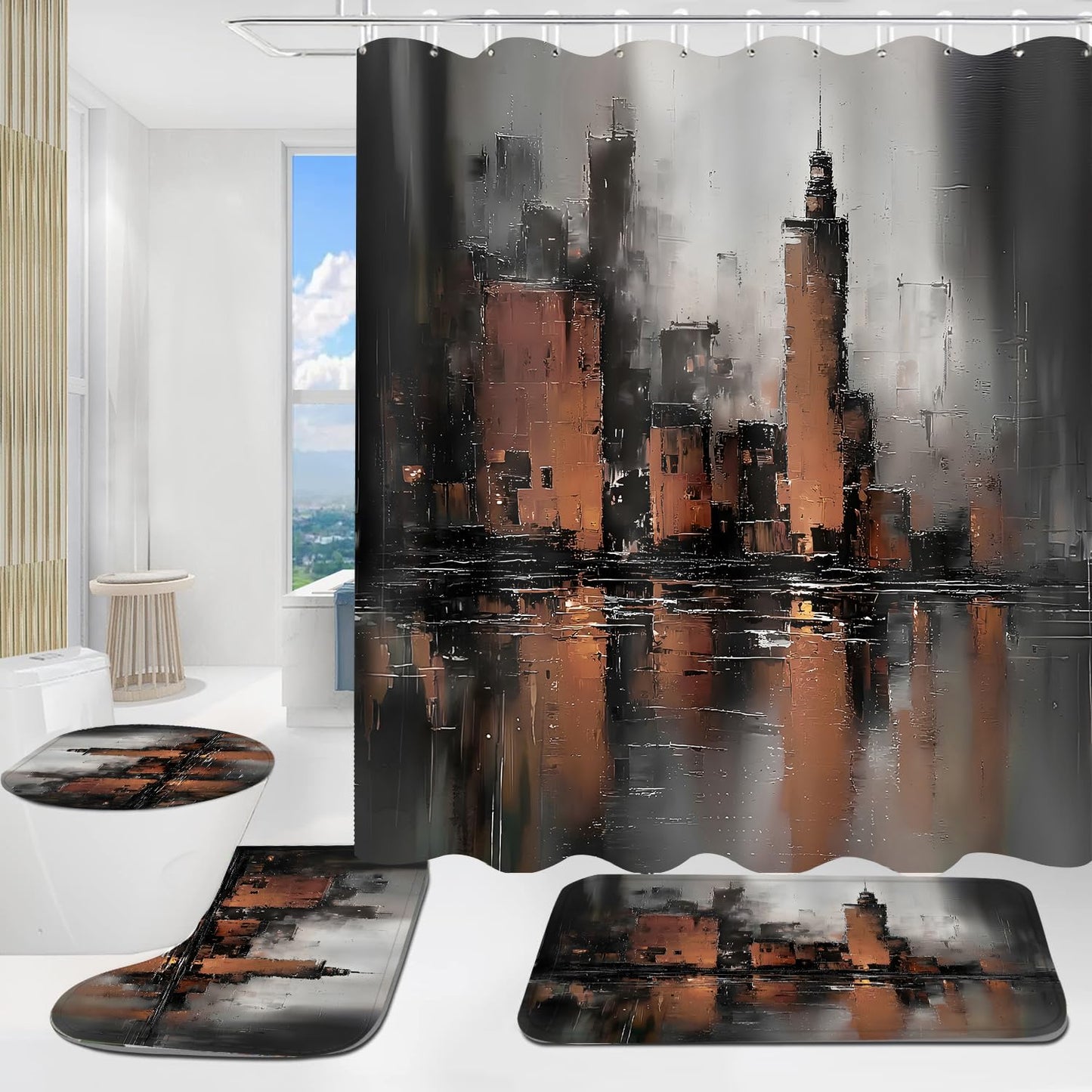 Yddsky 4 Pcs Black and Brown Geometric Shower Curtain Sets with Rugs Black Bathroom Sets with Shower Curtain and Rugs Modern Bathroom Curtains with Toilet Lid Cover for Bathroom Decor Accessories