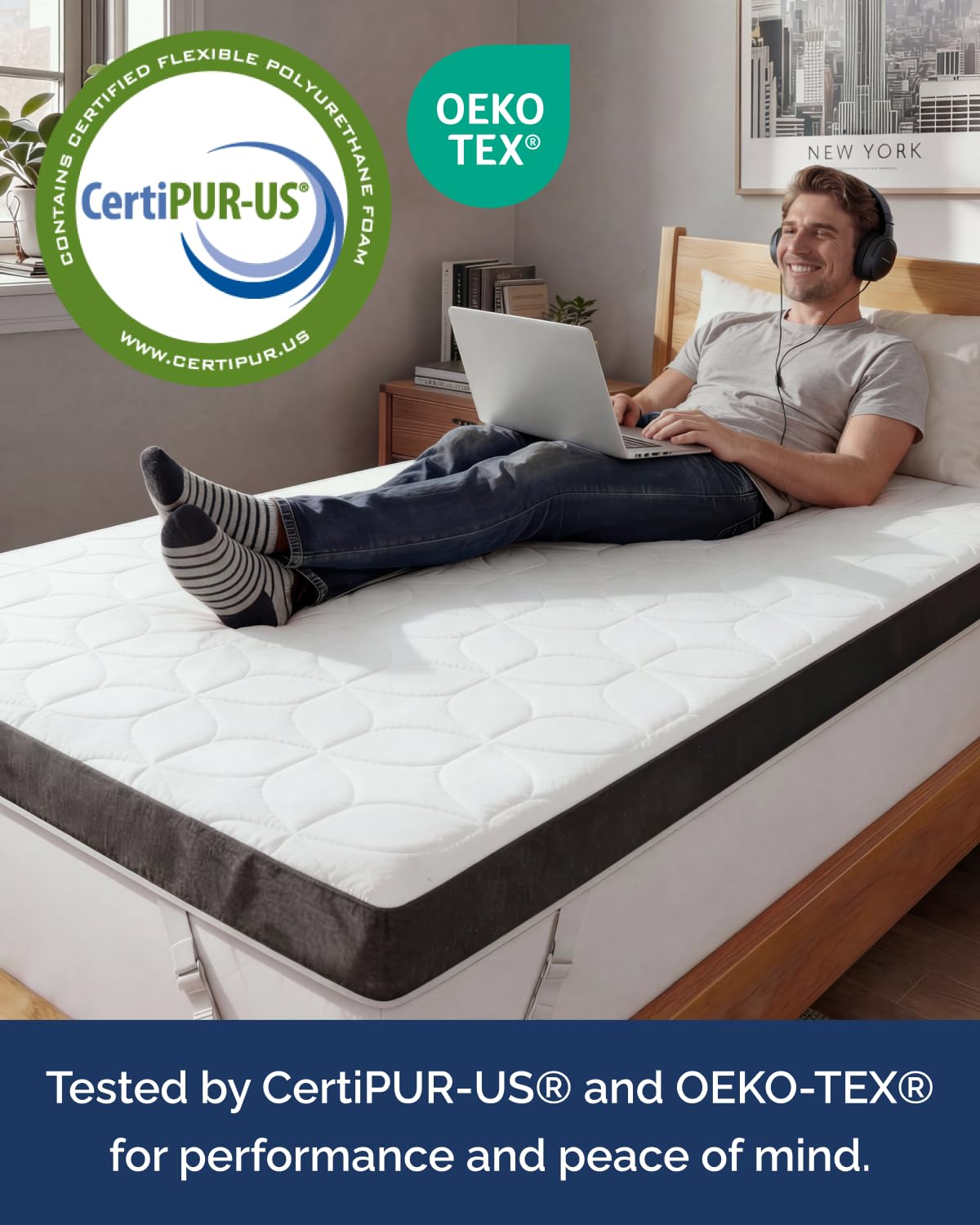 Mattress Topper - 3 Inch Memory Foam Mattress Topper with Cooling Cover for Hot Sleepers - Plush, Thick & Comfy - Pain & Pressure Relief - Twin Size Mattress Pad with Straps & Removable Washable Cover