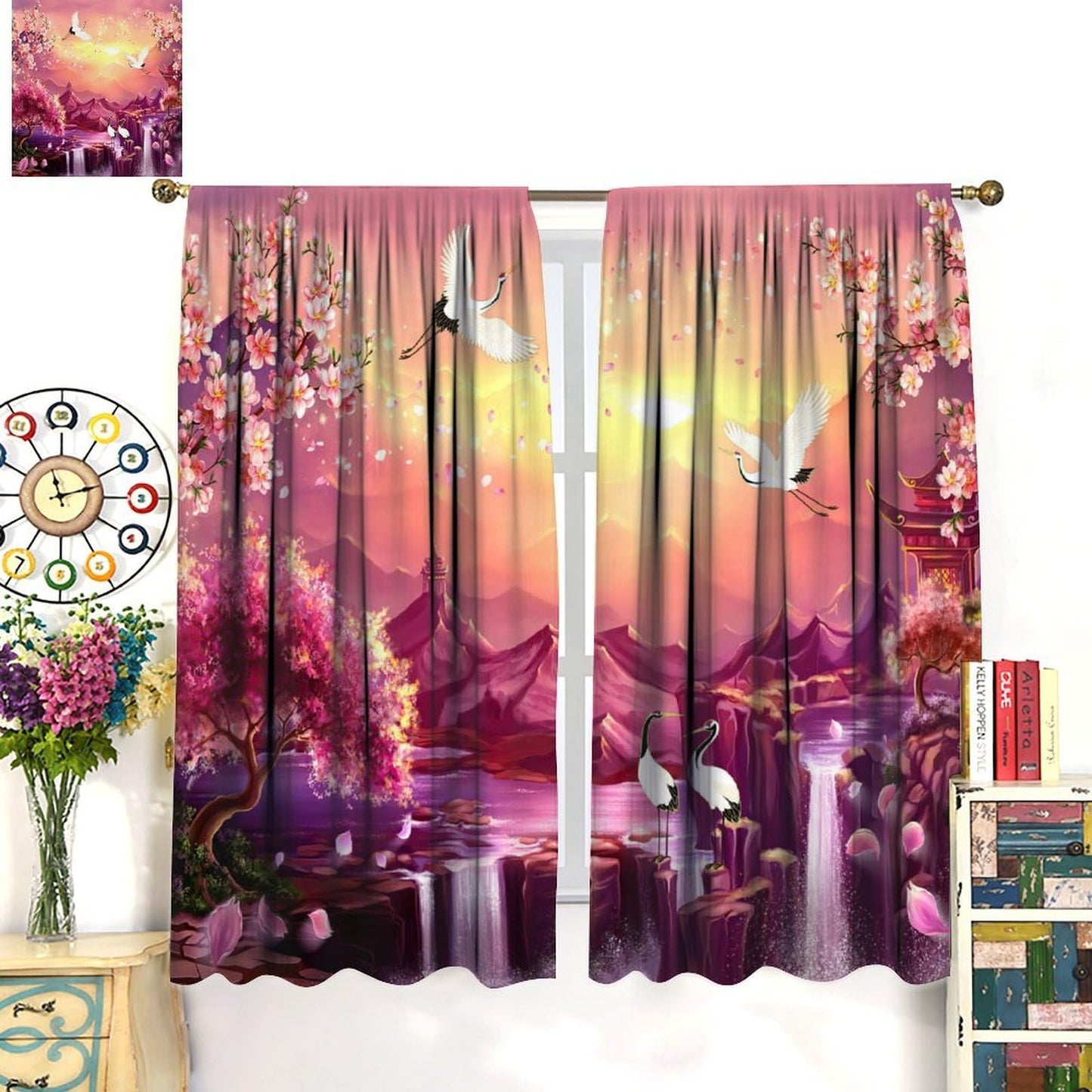 AuiMzoo Cherry Blossom Curtains: Japanese-Style Cranes and Pagodas Against an Oriental Pink Backdrop, Ideal As Blackout Curtains for Bedrooms and Living Rooms42X45 Inch