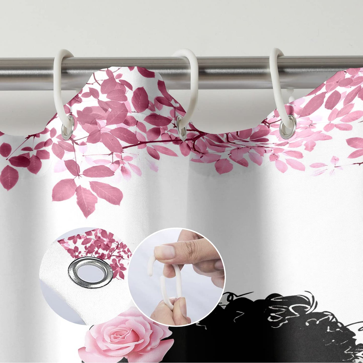 TYAKASHA Shower Curtain African American Woman Afro Lady withn Pink Rose Fashion Black Girl Eiffel Tower 72x72 Inches Waterproof Fabric Polyester with 12 Hooks for Bathroom Decor